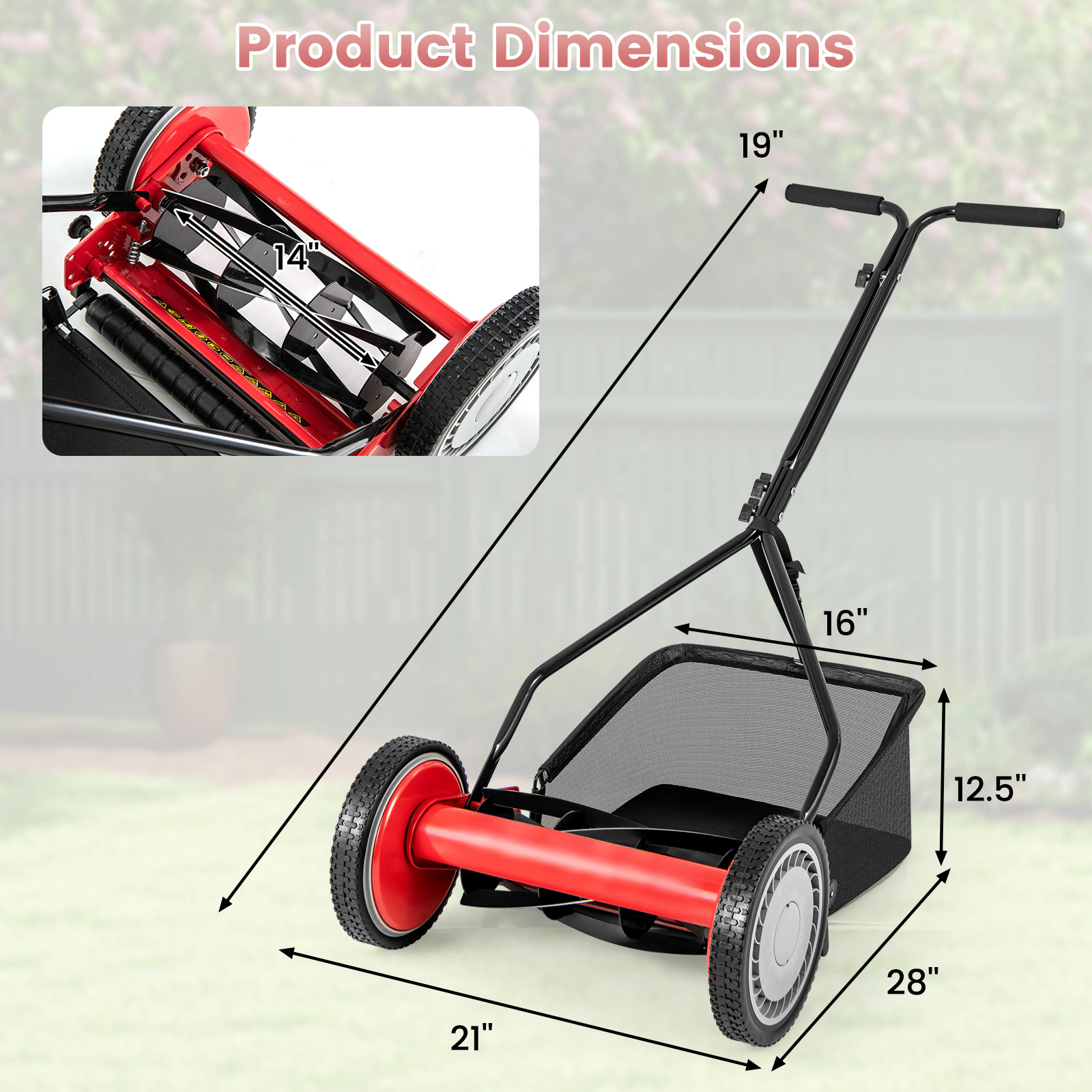 SUGIFT 14 in Push Reel Lawn Mower Red with 5 Steel Blades and 7 Gallon Grass Bag