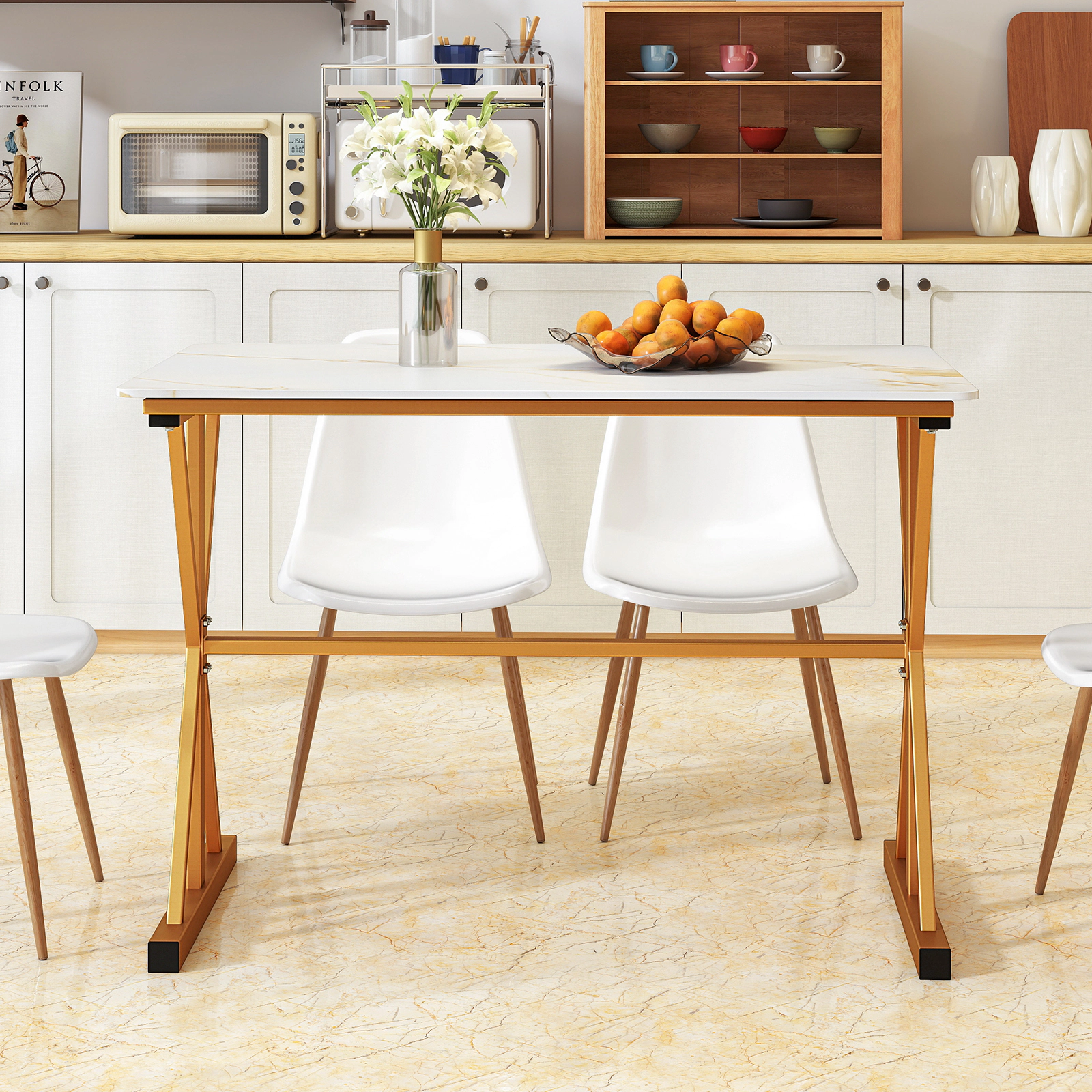 LJG 44 Inches Sintered Stone Dining Table with Metal Frame and Faux Marble Tabletop