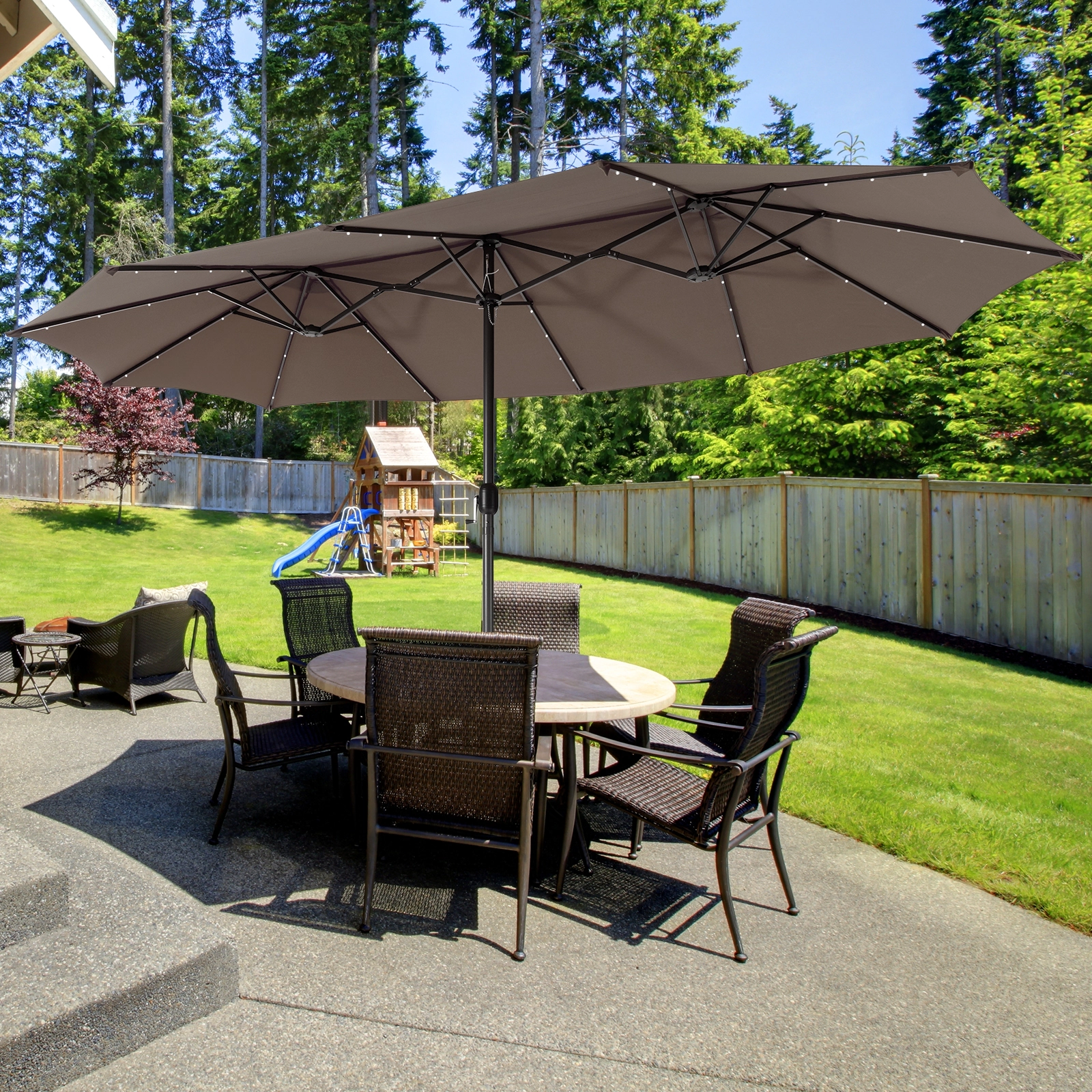 SUGIFT Light Brown 15 ft Twin Patio Umbrella with 48 Solar LED Lights and Steel Pole