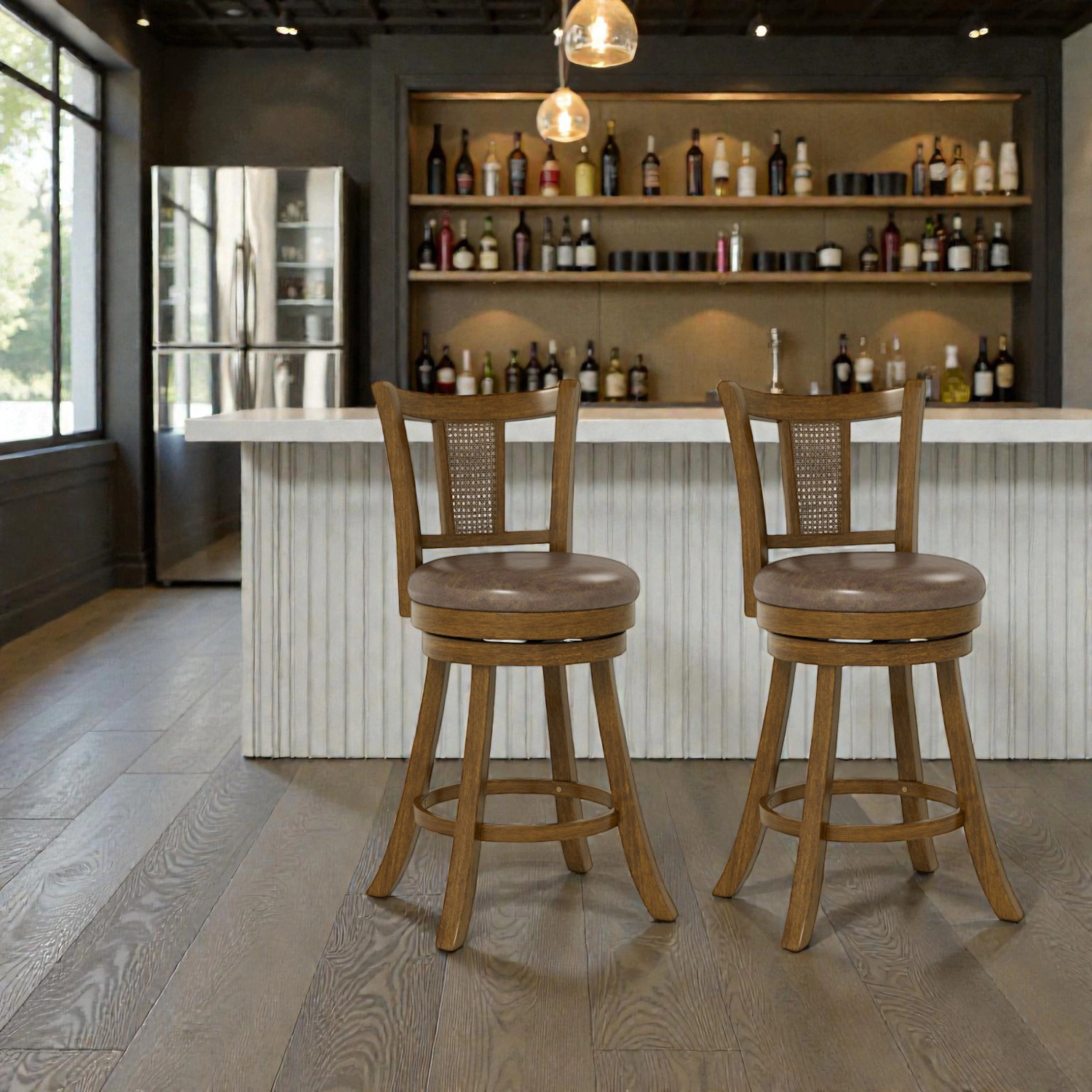 Hivvago Modern Bar Stools with Woven Rattan Back and Solid Wood Legs