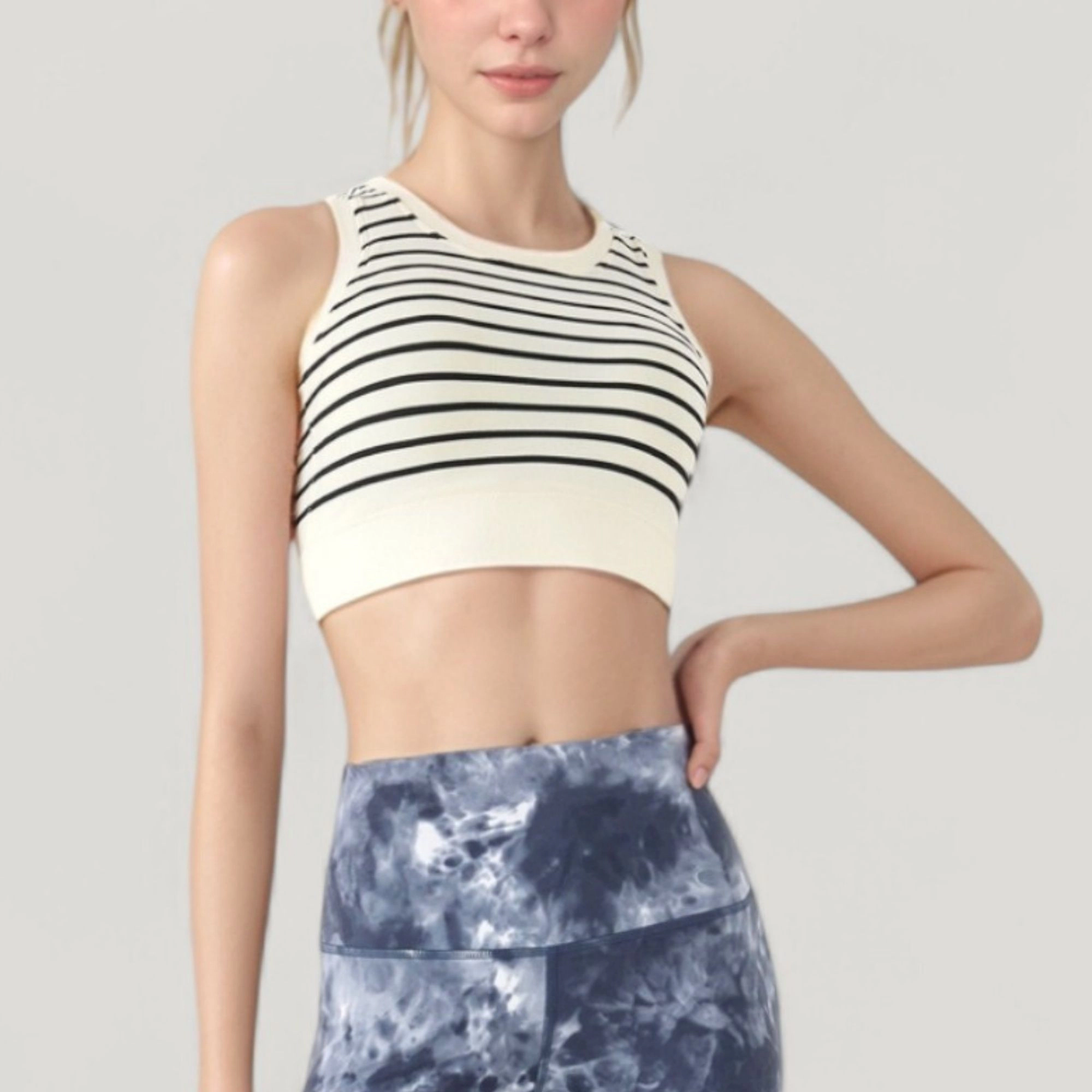 Anna-Kaci Women's Striped Sleeveless Crop Top with Fitted Hem and Round Neckline