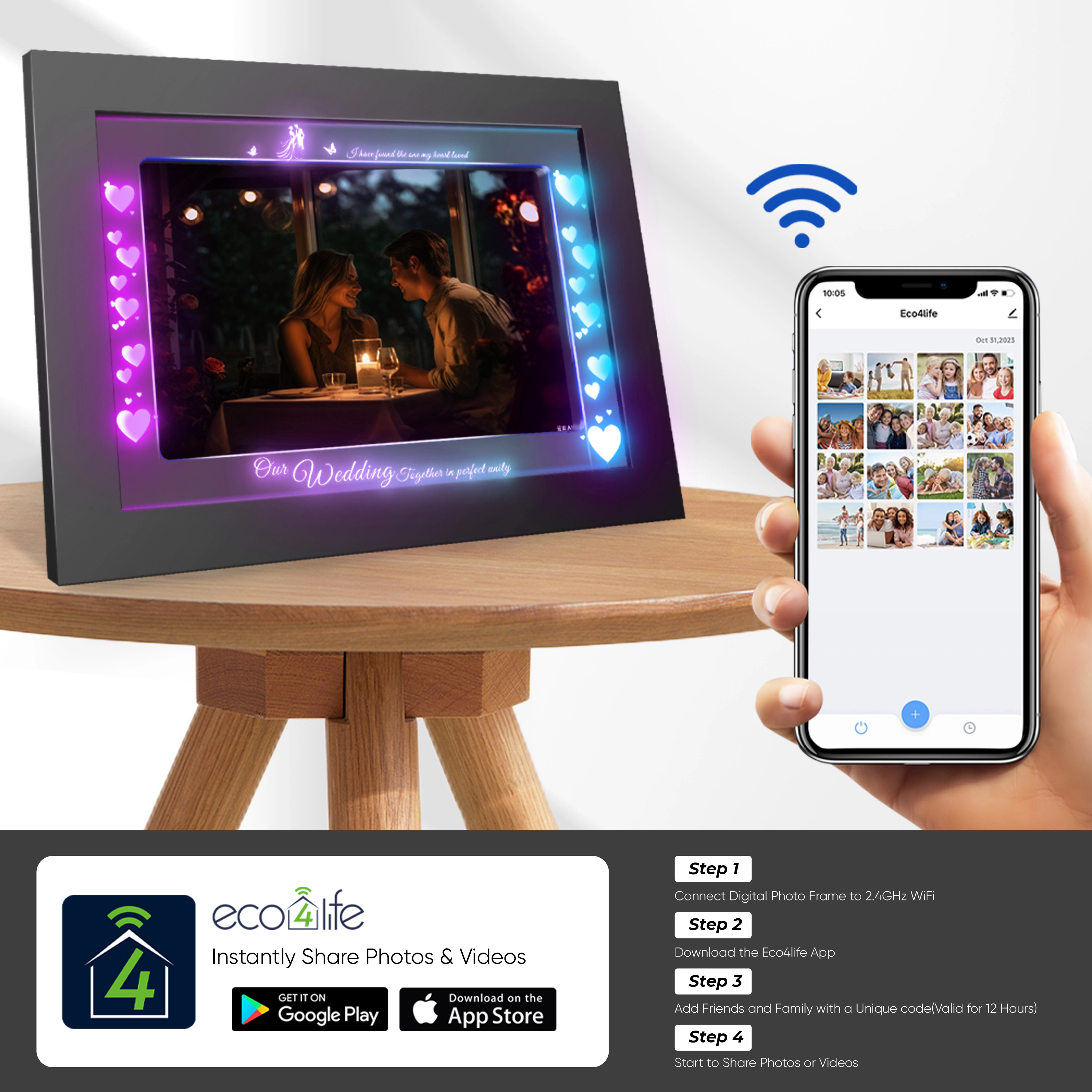 Eco4life 10.1" WiFi RGB Digital Picture Frame Wedding Gift for Women