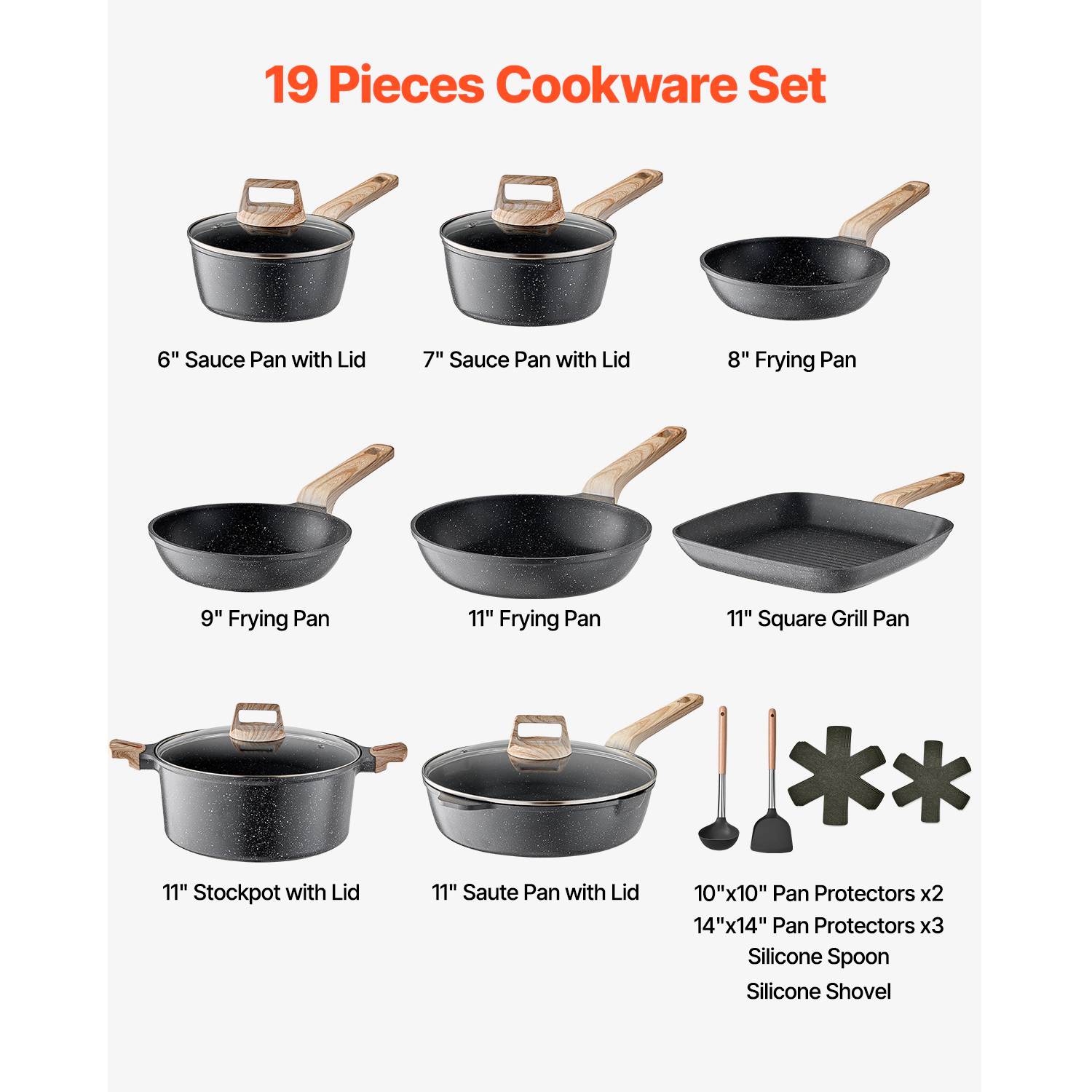 HONGGE Pots and Pans Set Granite Nonstick Cookware Set Induction Cookwares Kitchen RV Cooking Sets with Frying Sauce