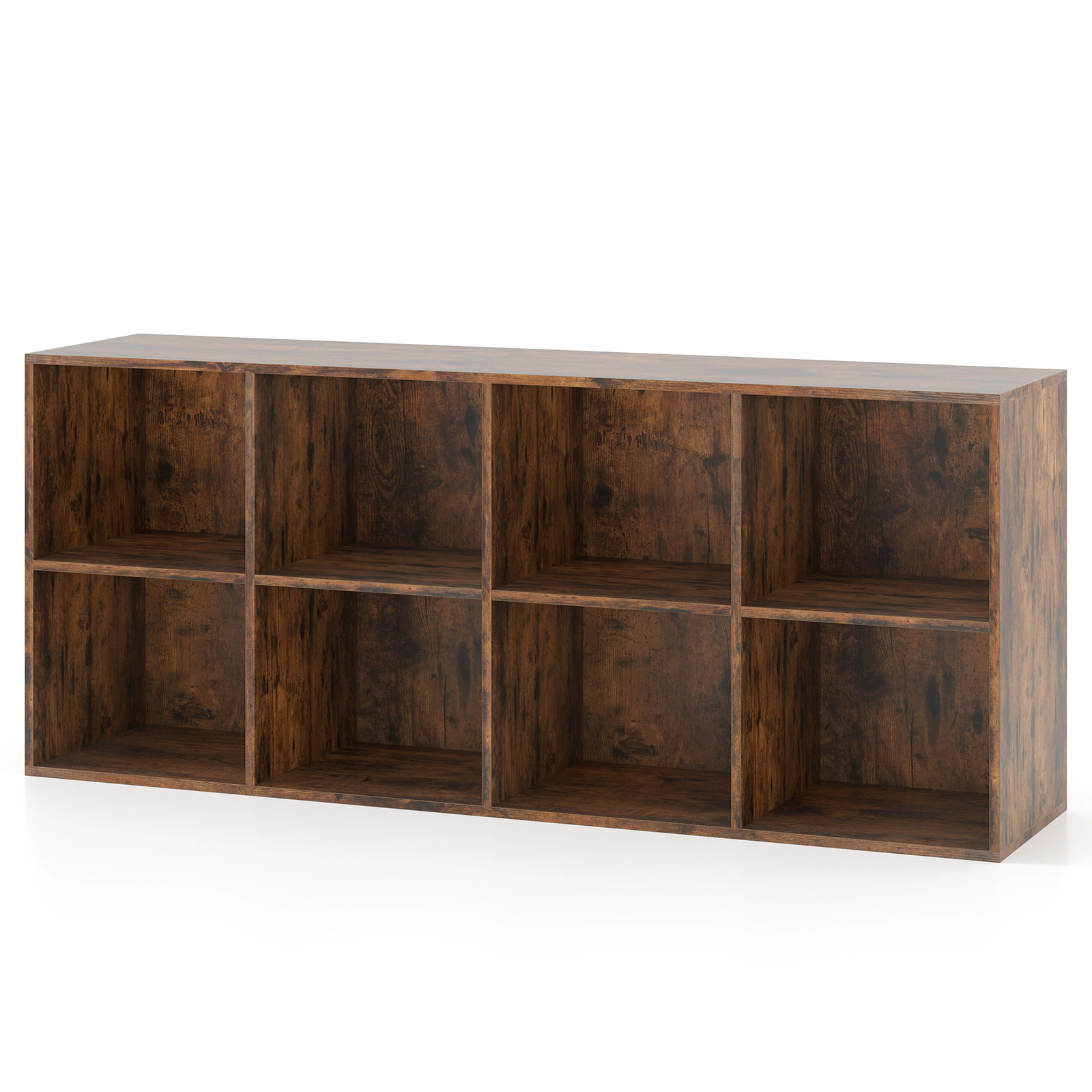 SUGIFT 8-Cube Rustic Brown 48-in Low Cube Storage Organizer Bookshelf with 2 Anti-Tipping Kits and 180-lb Top
