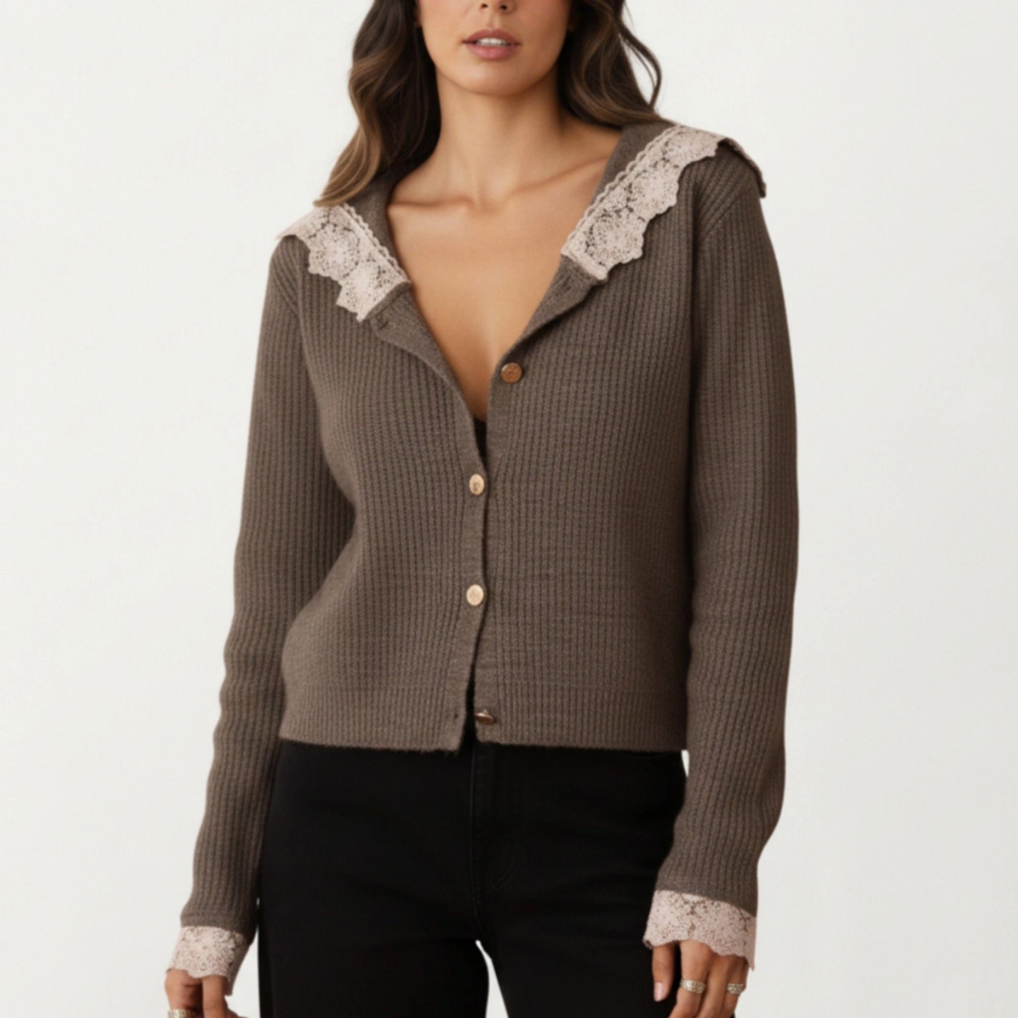 Anna-Kaci Women's Long Sleeve Ribbed Knit Top with Lace Trim Collar and Button Front Detail