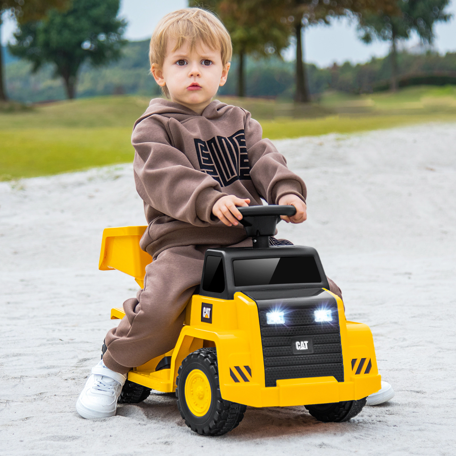 SUGIFT 6V Yellow Kids Ride-On Caterpillar Dump Truck with One Button Start and LED Lights 19-in W 17-in H