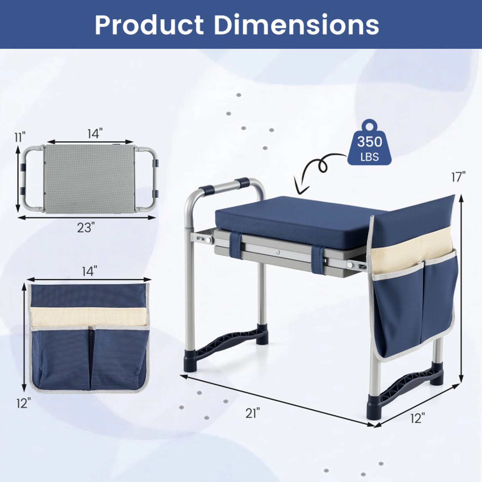 SUGIFT Foldable 2-in-1 Garden Kneeler and Seat Wide EVA Foam Pad Tool Pouch 350-lb Capacity 21 x 12 x 17-in Navy