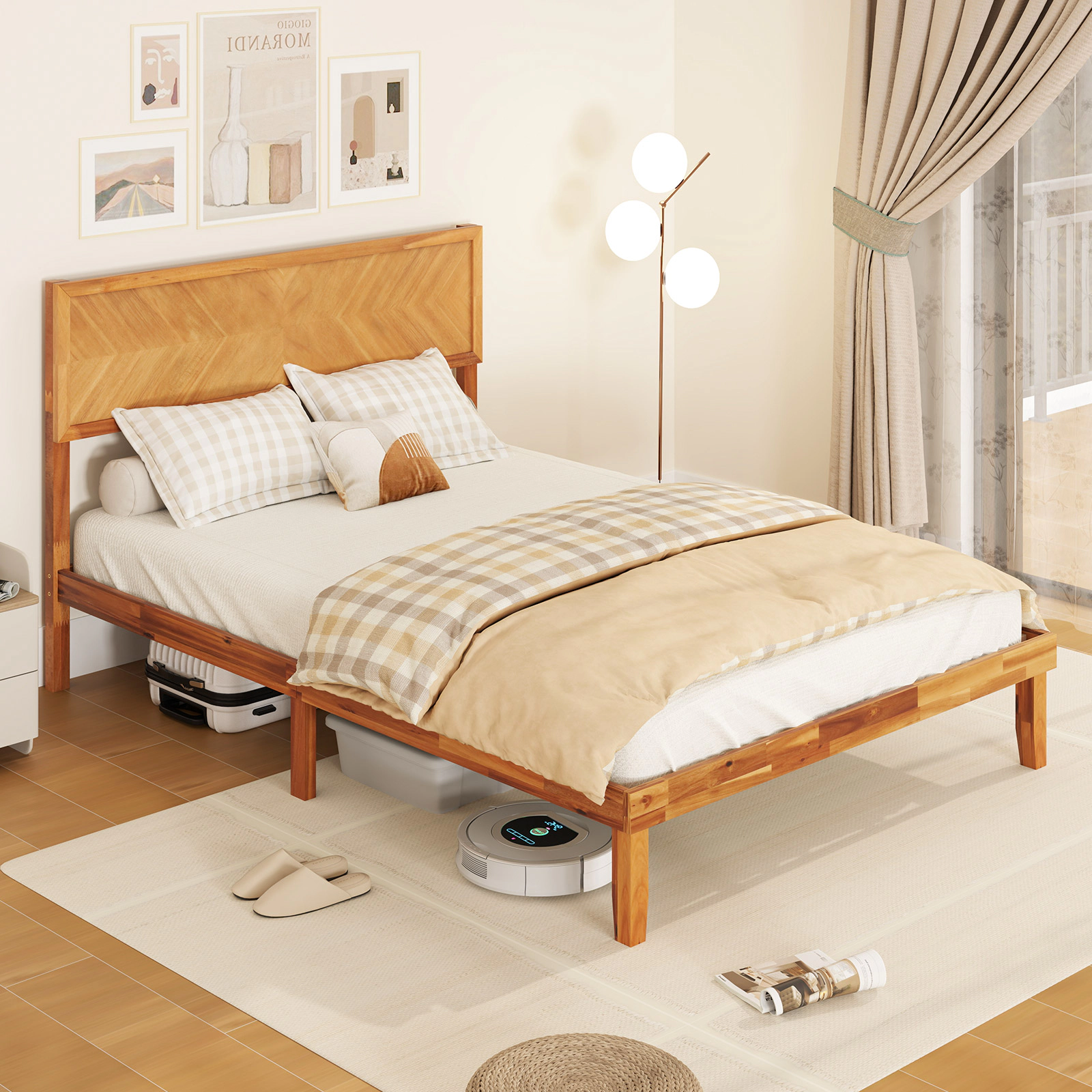 LJG Twin/Full/Queen Size Bed Frame with Headboard and Storage Space