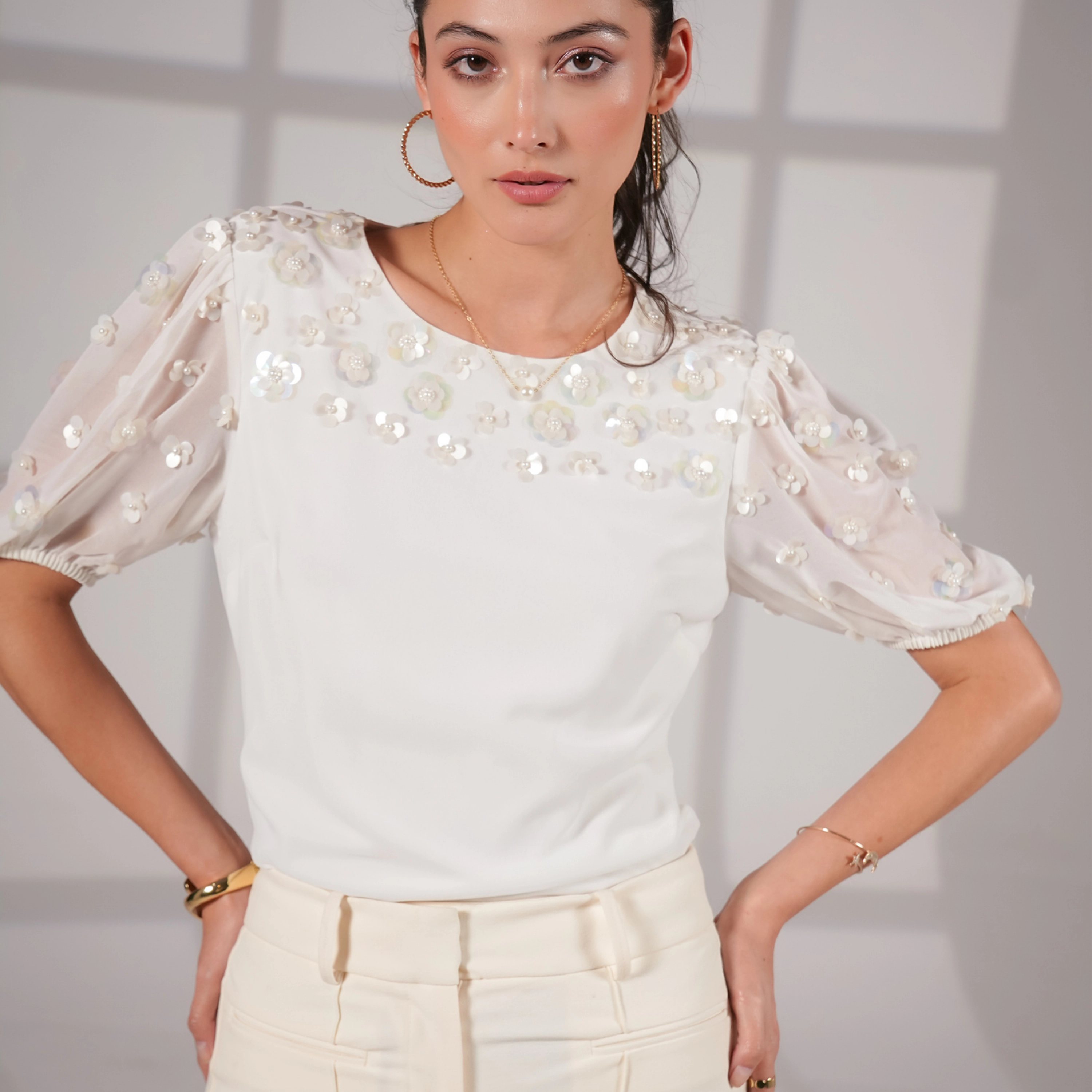 Rose & Nancy Women's Morena Ivory Hand Embellished Top