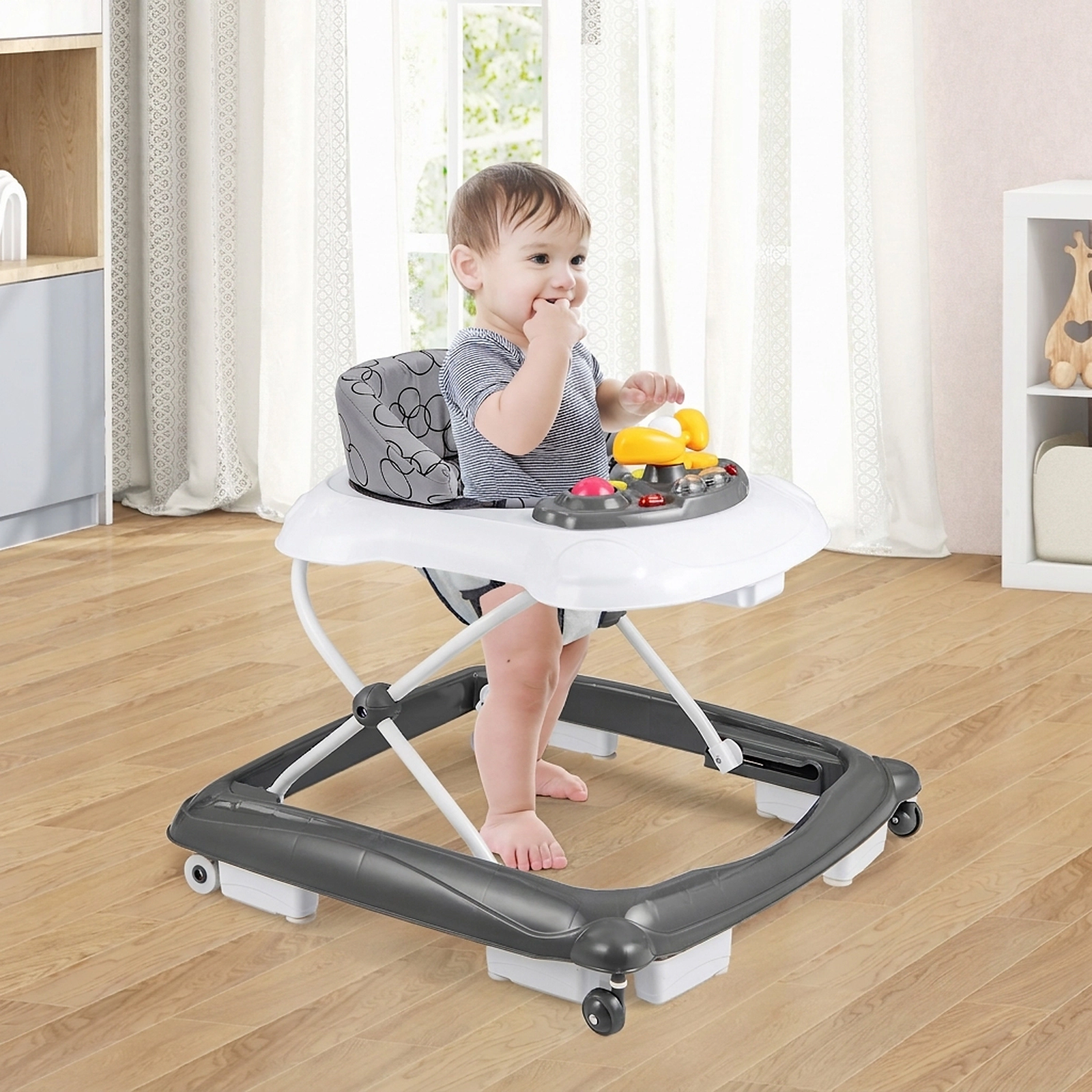 Lightweight Foldable Baby Walker with 3 Tool Free Height Settings Padded Washable Seat Lights and Music Toy Tray in Gray