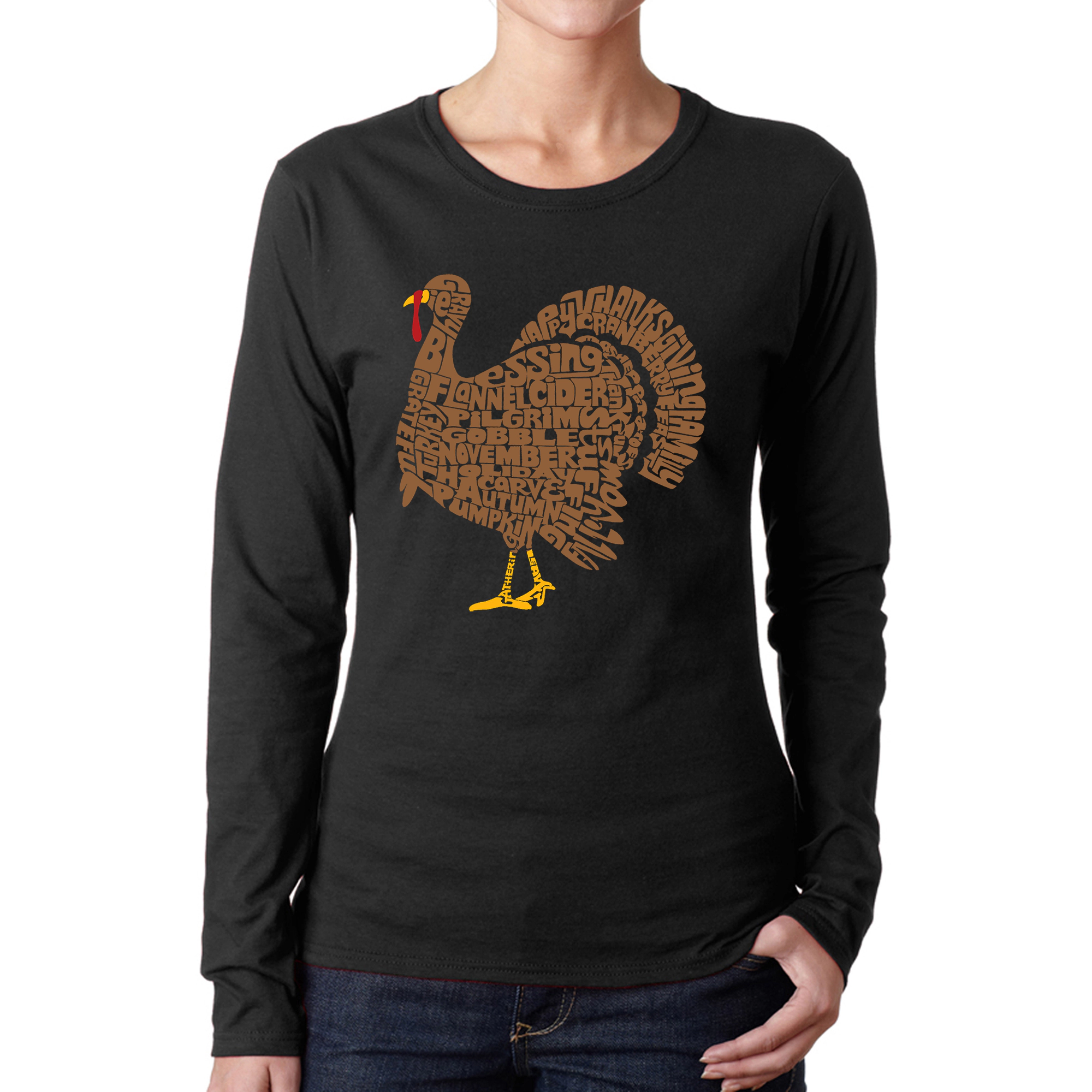 LA Pop Art Women's Word Long Sleeve T-Shirt - Thankgiving Turkey