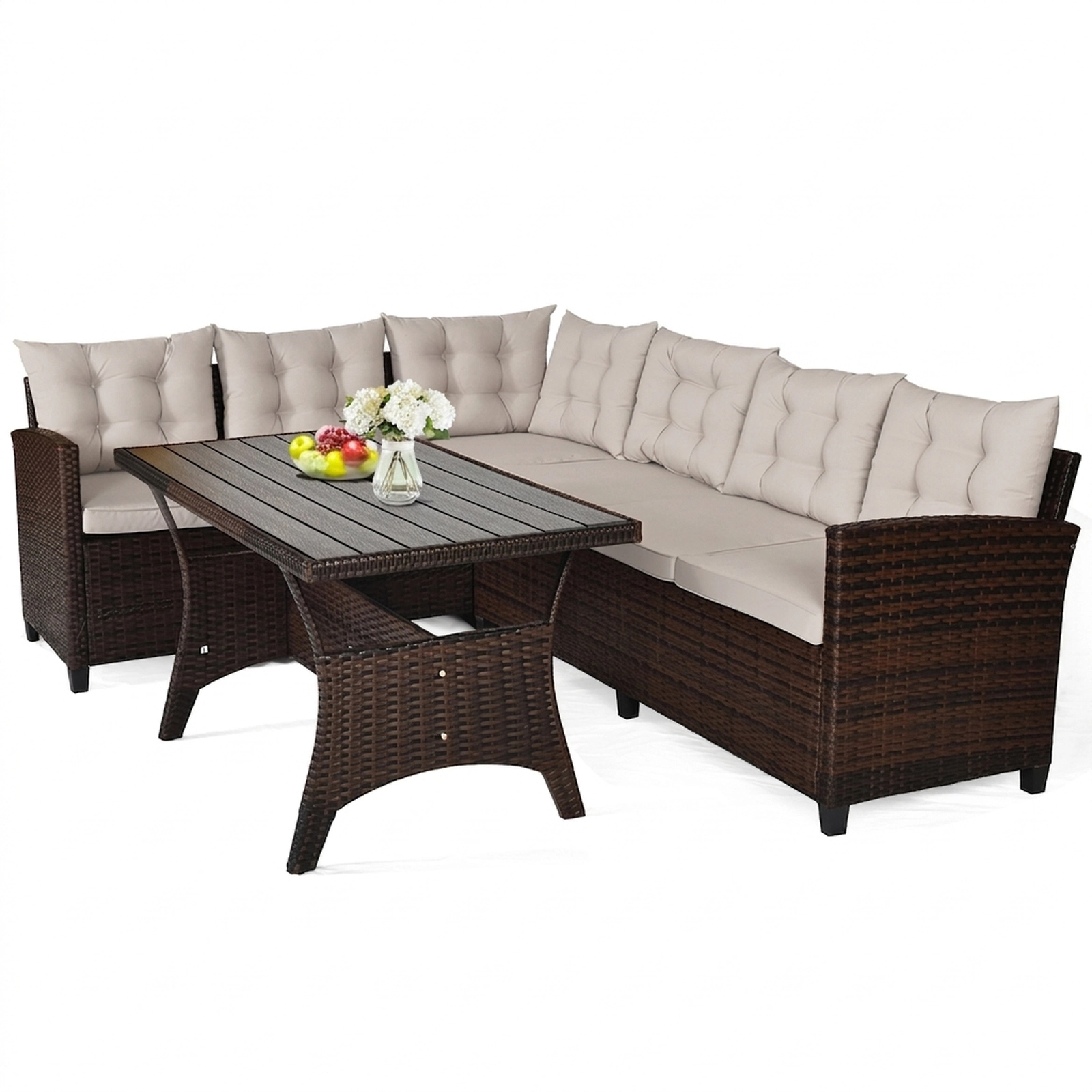 SUGIFT 51 in Dining Table 3-Piece Beige Hand-Woven Rattan Outdoor Sofa Set
