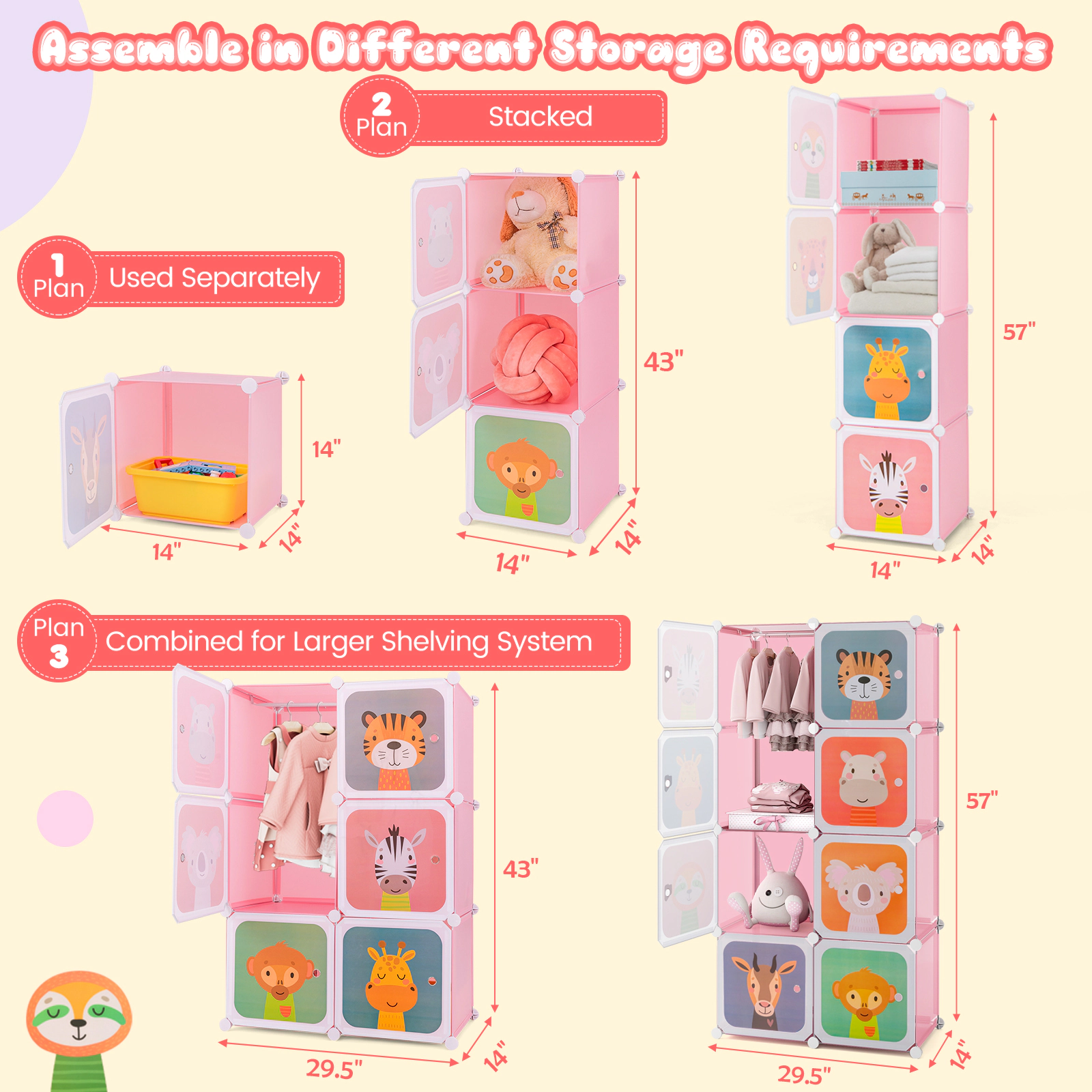 SUGIFT 8-Cube Kids Wardrobe Toy Organizer Closet with Hanging Section and Doors 22-lb Cube Capacity Pink