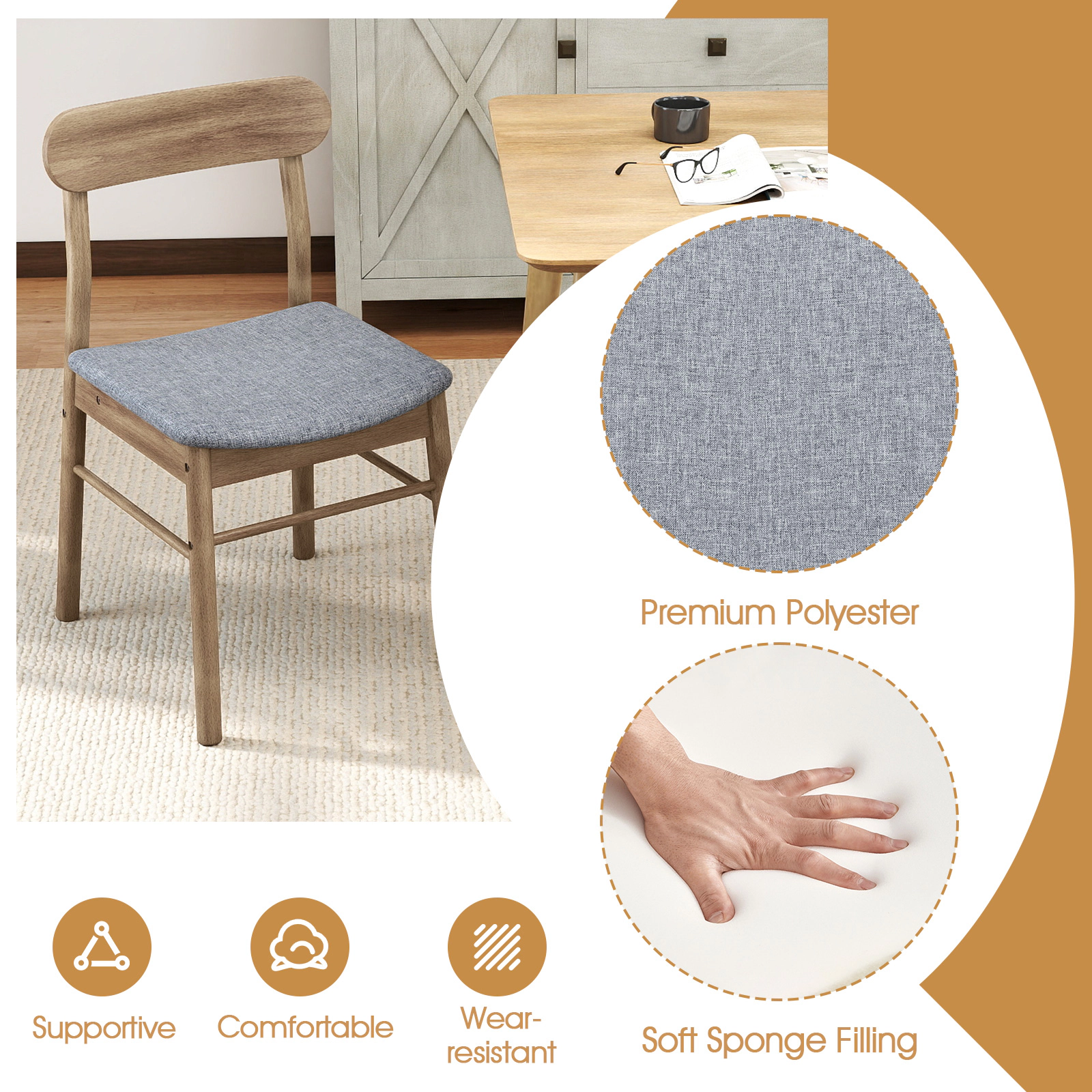 LJG Fabric Upholstered Kitchen Armless Dining Chairs with Rubber Wood Frame Set of