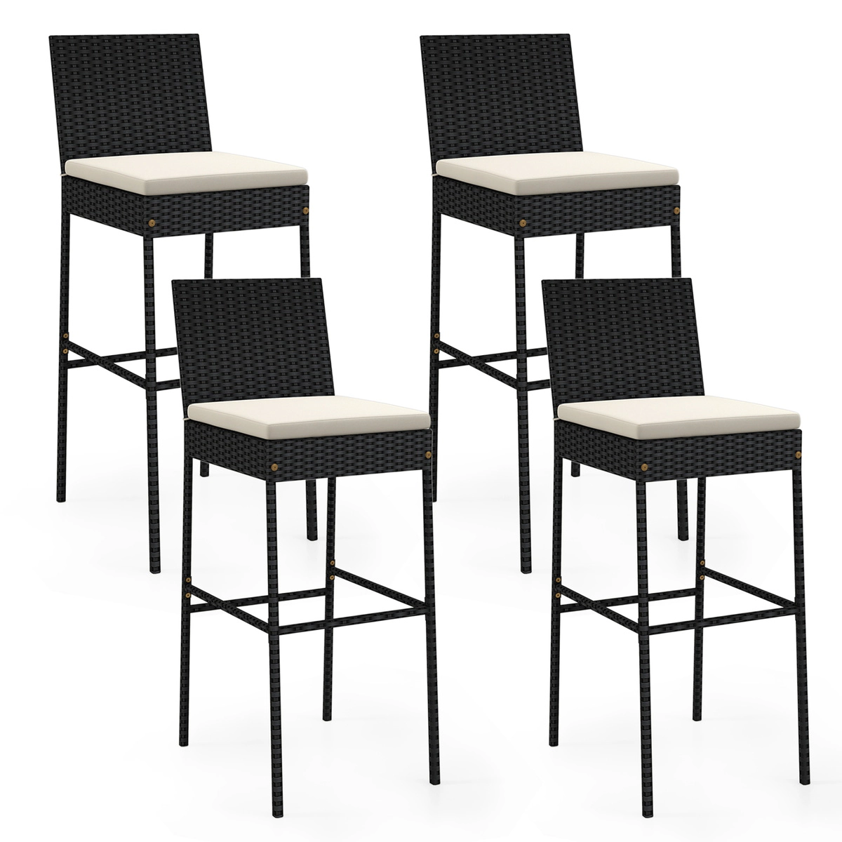SUGIFT Set of 4 Black Outdoor Bar Stools, 30-Inch Seat, PE Rattan, Cushions