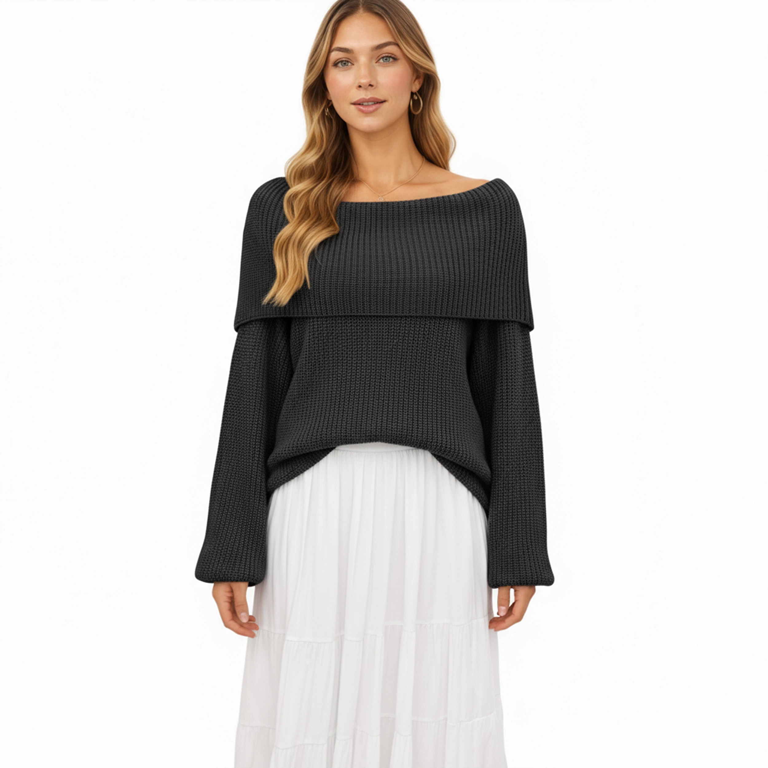 Anna-Kaci Women's Off Shoulder Long Sleeve Knit Pullover Sweater with Relaxed Fit