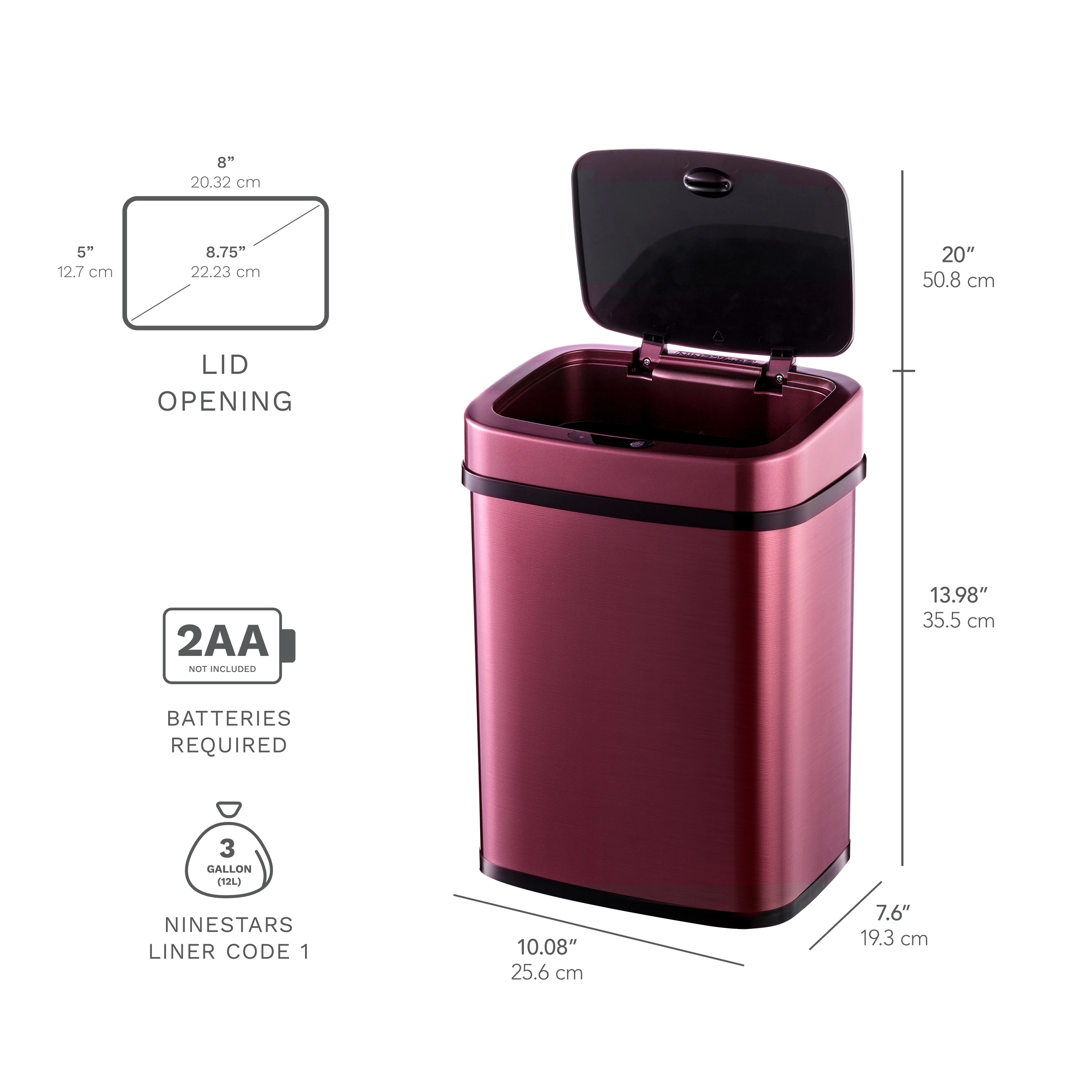 Ninestars Rectangular 3.2-Gallon Stainless Steel Motion Sensor Trash Can