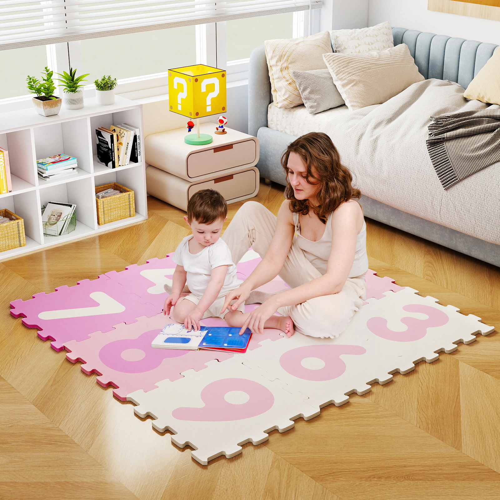 SUGIFT Kids Pink 9-Piece Interlocking Foam Hopscotch Play Mat with 3 Marker Discs 71.5-in W 24.5-in D 0.4-in H