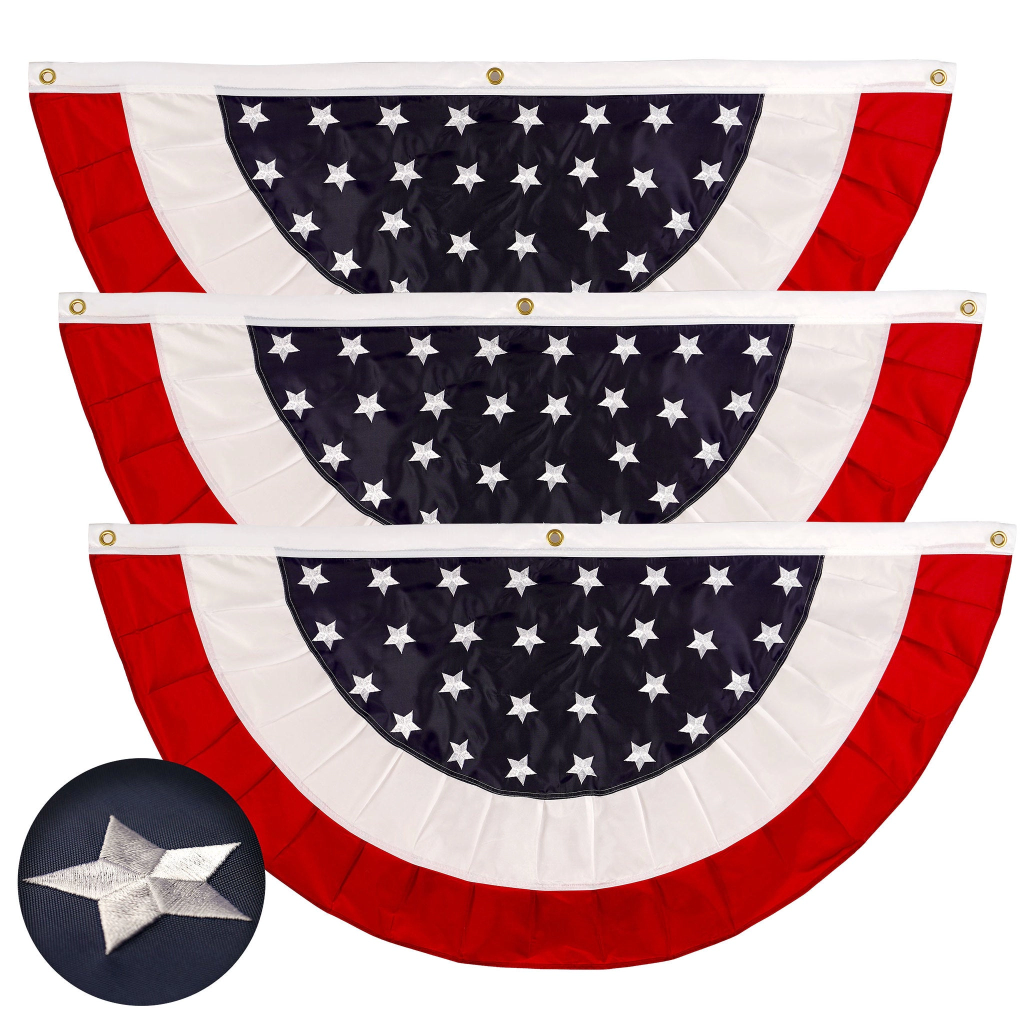 G128 3-Pack USA Pleated Fan Flag 2x4 ft - Embroidered Stars and Stripes