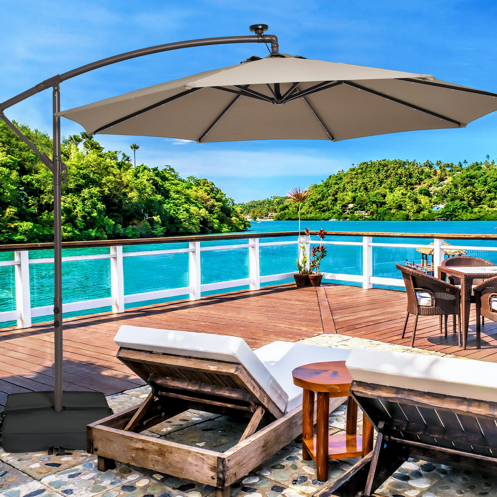 SUGIFT 10-ft Tan Solar LED Offset Cantilever Patio Umbrella with Crank Lift 90-Degree Tilt and Sand Base