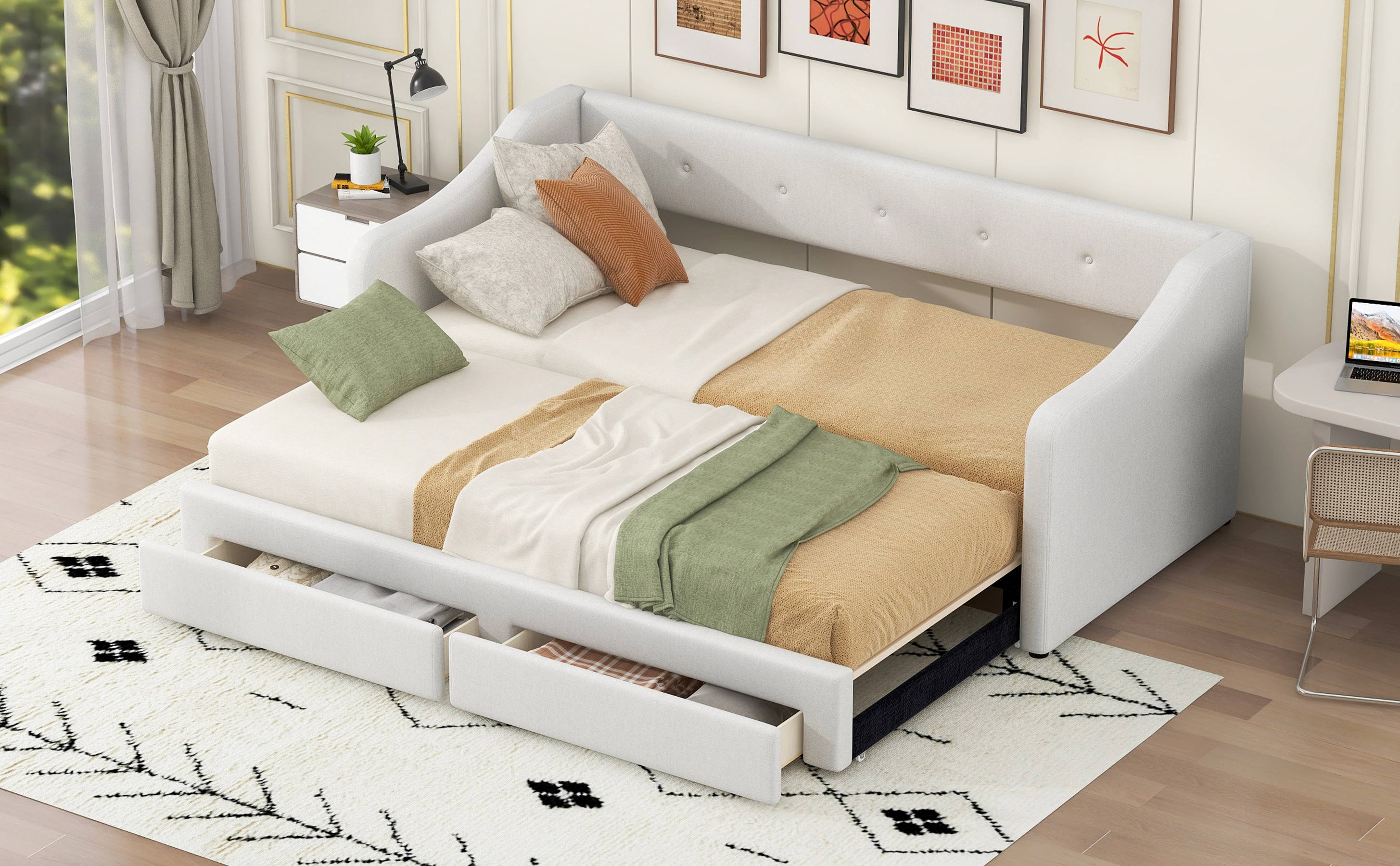 Flynama Twin XL–King Upholstered Daybed with Two Drawers, Beige