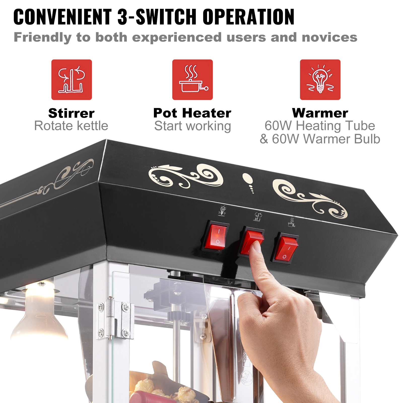HONGGE Popcorn Maker, Popper Machine, Kettle Makes Cups per Batch, Countertop Maker with Tempered Glass