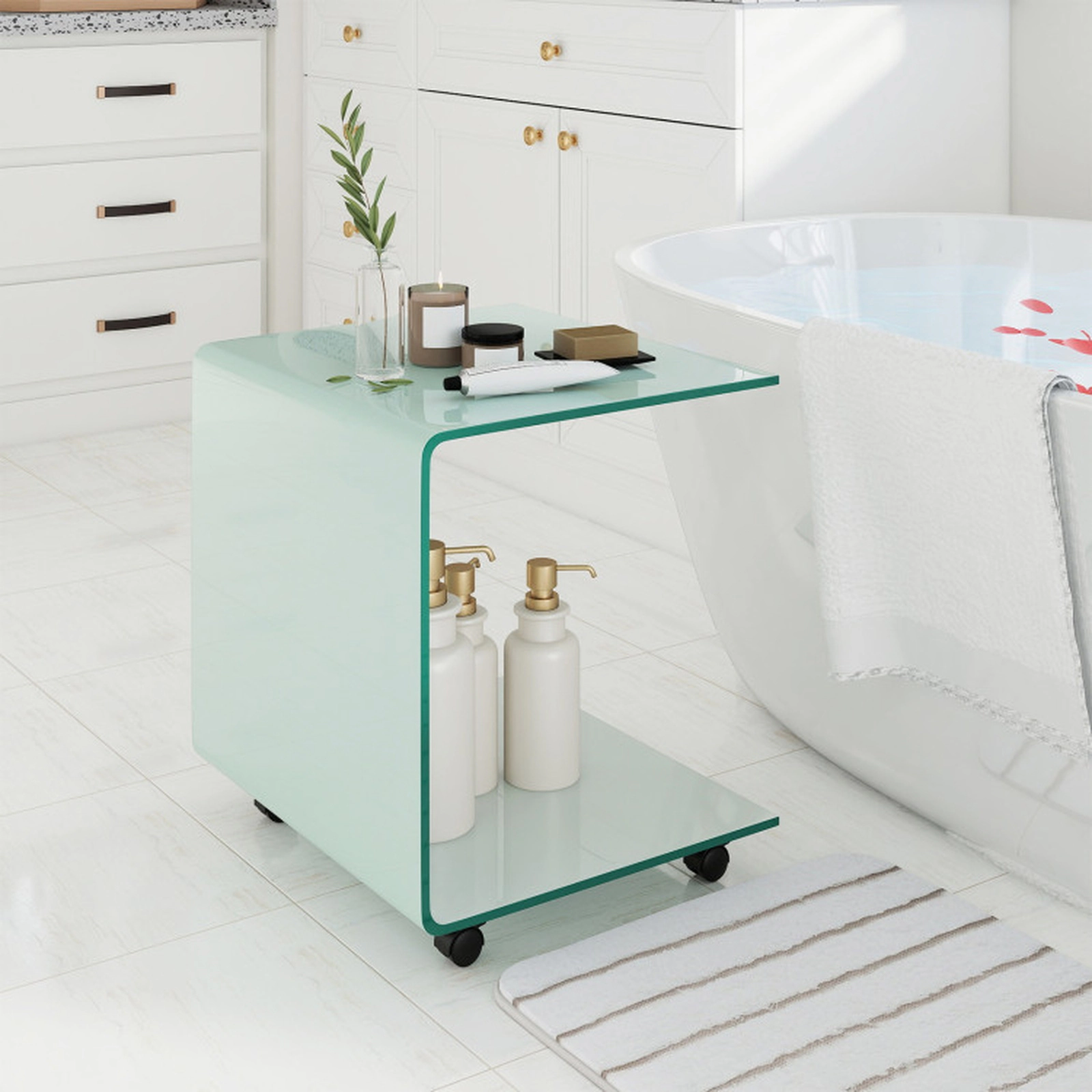 SUGIFT 2-Tier Tempered Glass Rolling Side Table, 4 Lockable Casters, 66-lb Shelves