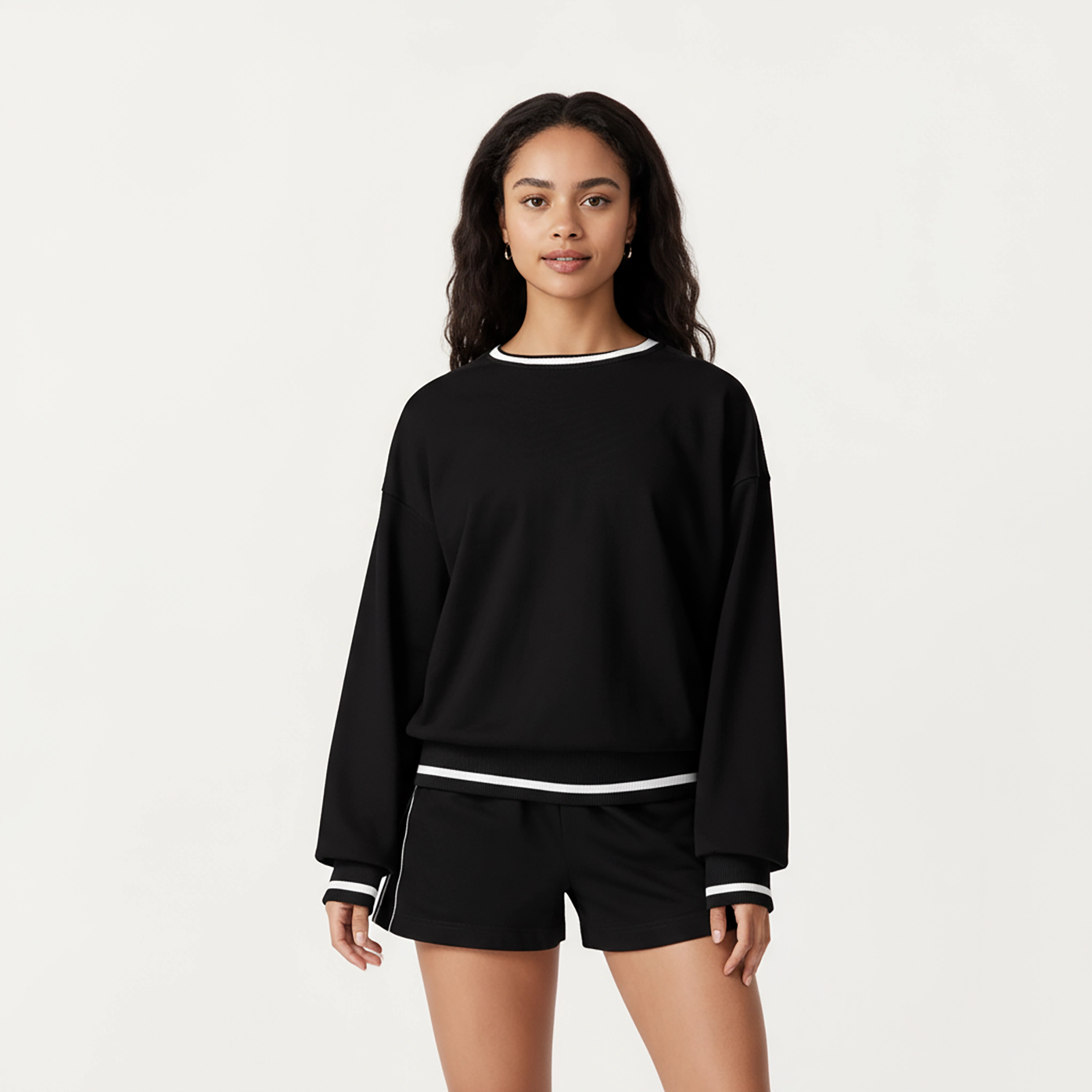 Anna-Kaci Women's Long Sleeve Crew Neck Pullover Sweatshirt with Contrast Trim Ribbed Hem and Relaxed Fit