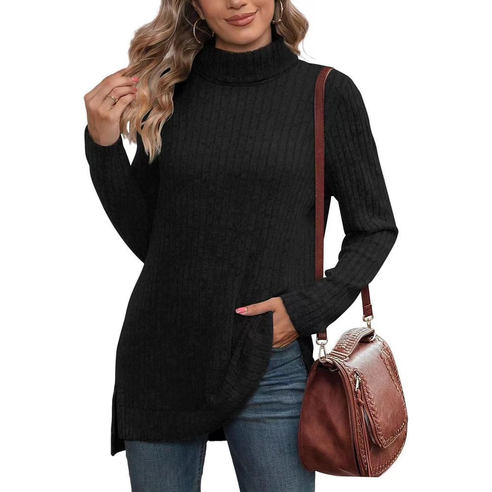 KOJOOIN Women's Turtleneck Tunic Sweater Ribbed Knit Long Sleeve Side Slit Shirts Fall Winter Tops