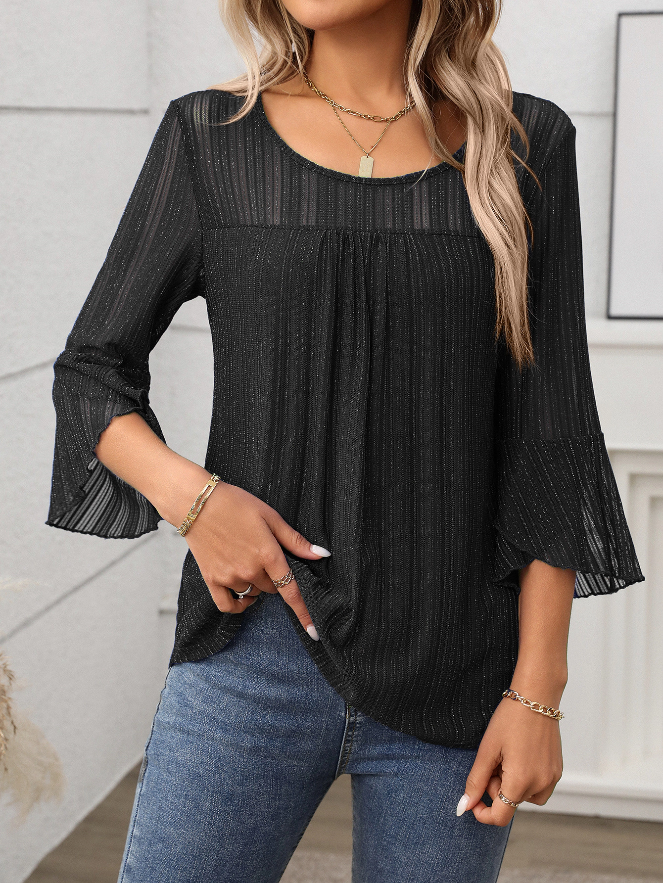 Premium Charms Womens 3/4 Bell Sleeve Pleated Blouse Loose Tunic Top
