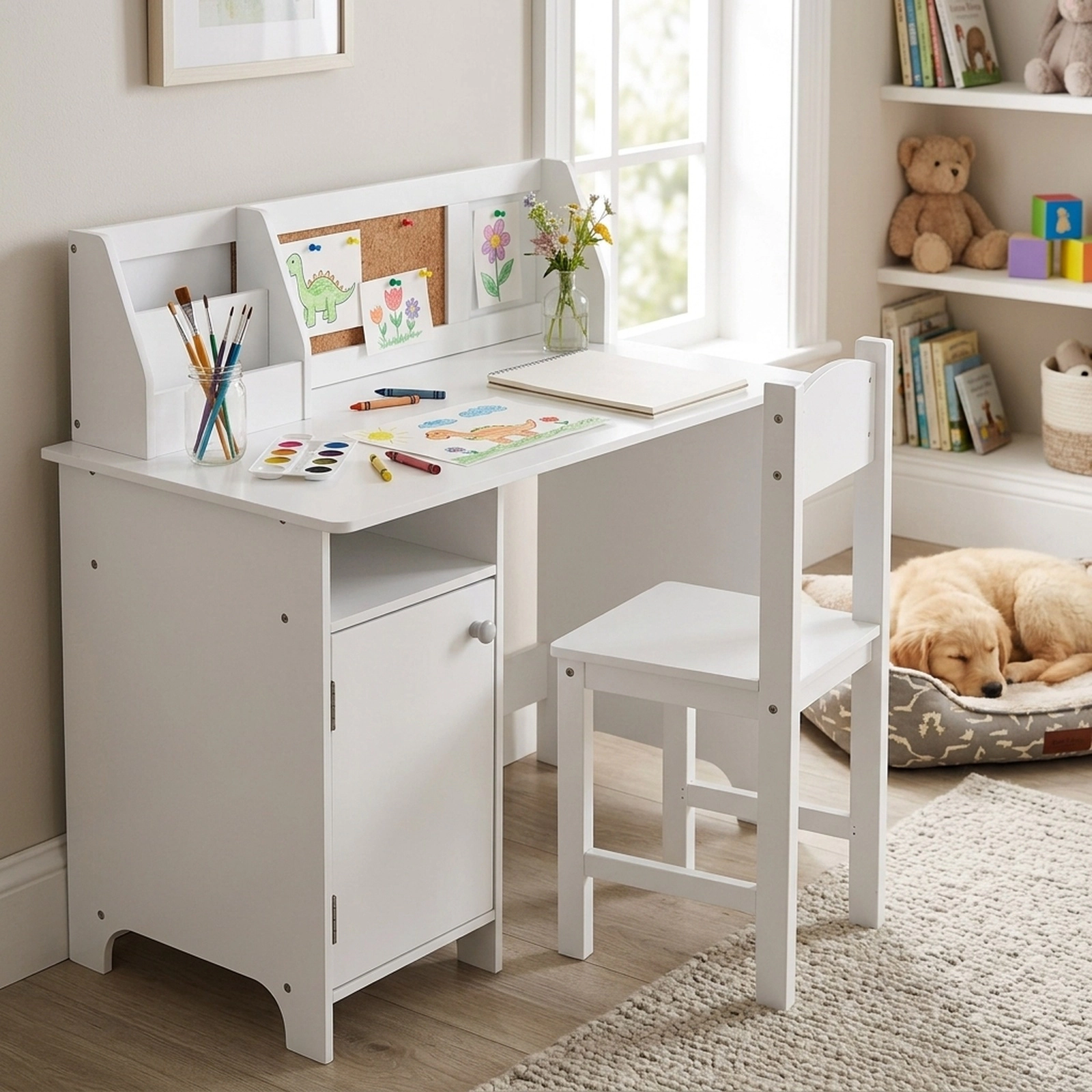 SUGIFT Kids Study Desk and Chair Set with Cork Board, Magnetic Whiteboard and Storage