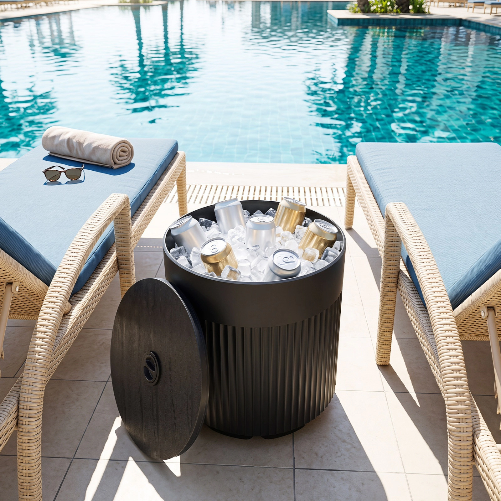 SUGIFT Black Water Bag Side Table and 2-in Pole Hole 3-in-1 Outdoor HDPE Umbrella Base