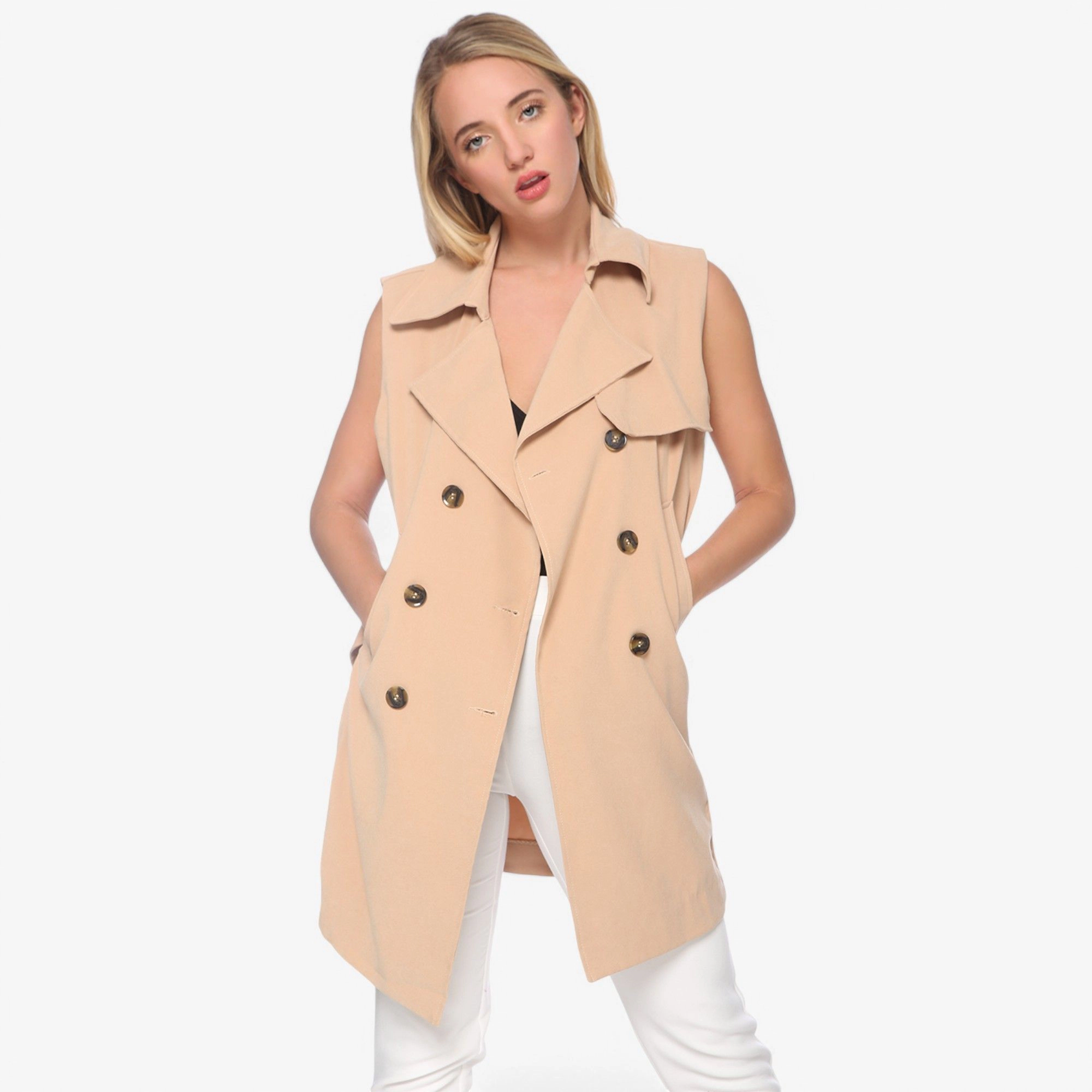 Anna-Kaci Women's Sleeveless Trench Coat with Button Front and Pocket Detail