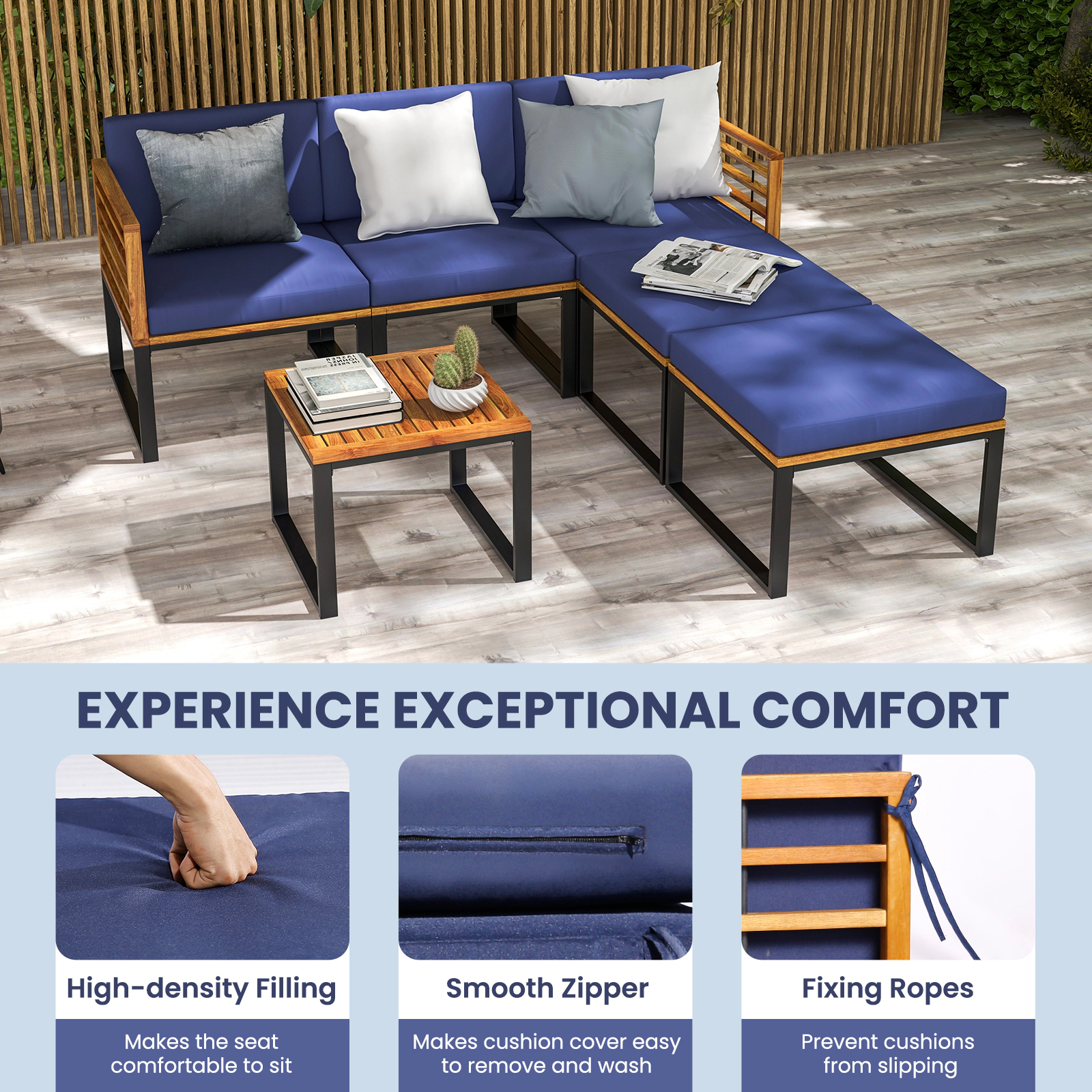 SUGIFT 6-Piece 400-lb Seat Capacity Navy Acacia Wood Patio Sectional Sofa Set with 2 Ottomans and Table