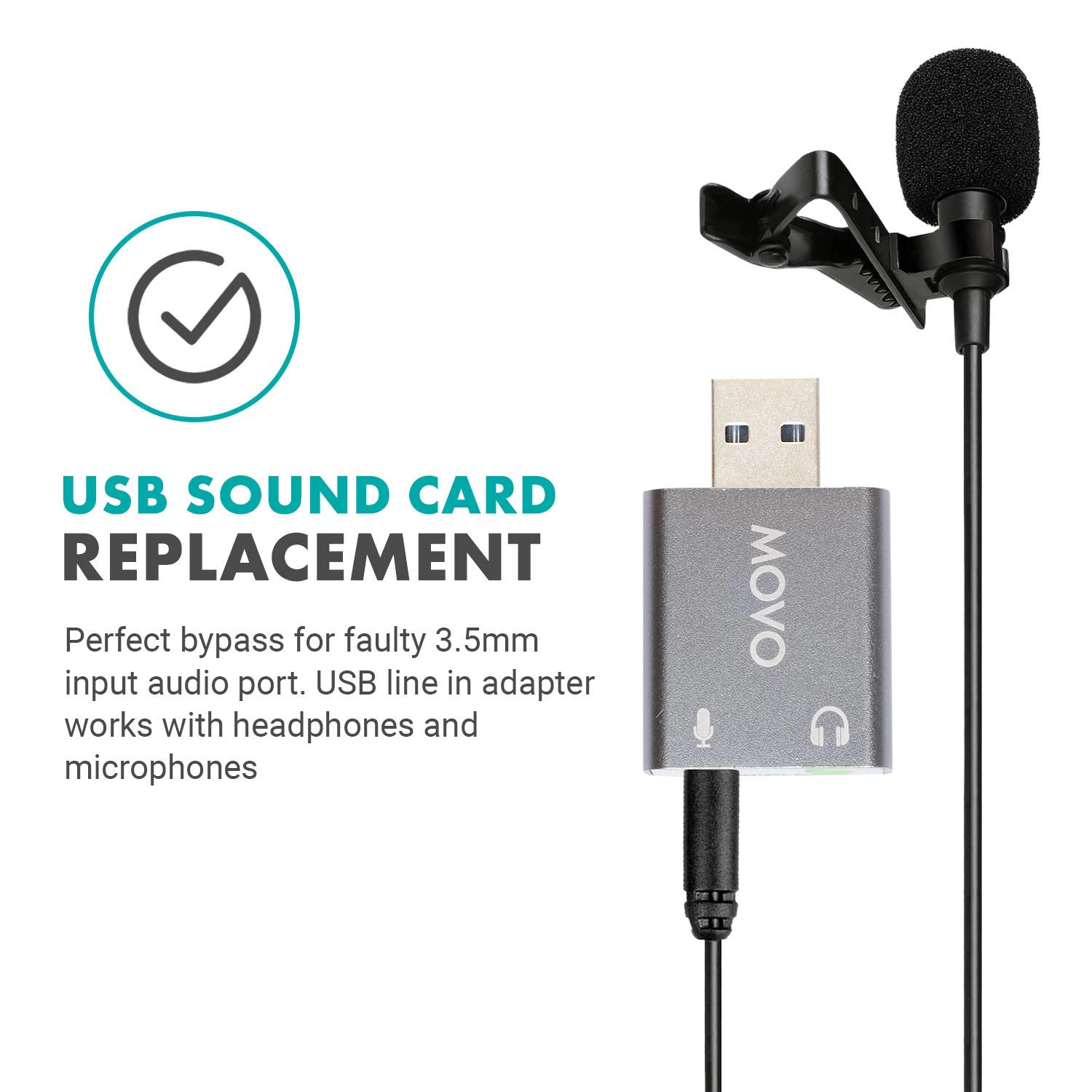 Movo USB-AC1 3.5mm TRRS Microphone to USB 2.0 Stereo Digital Audio Converter - USB Sound Card Adapter for Computer