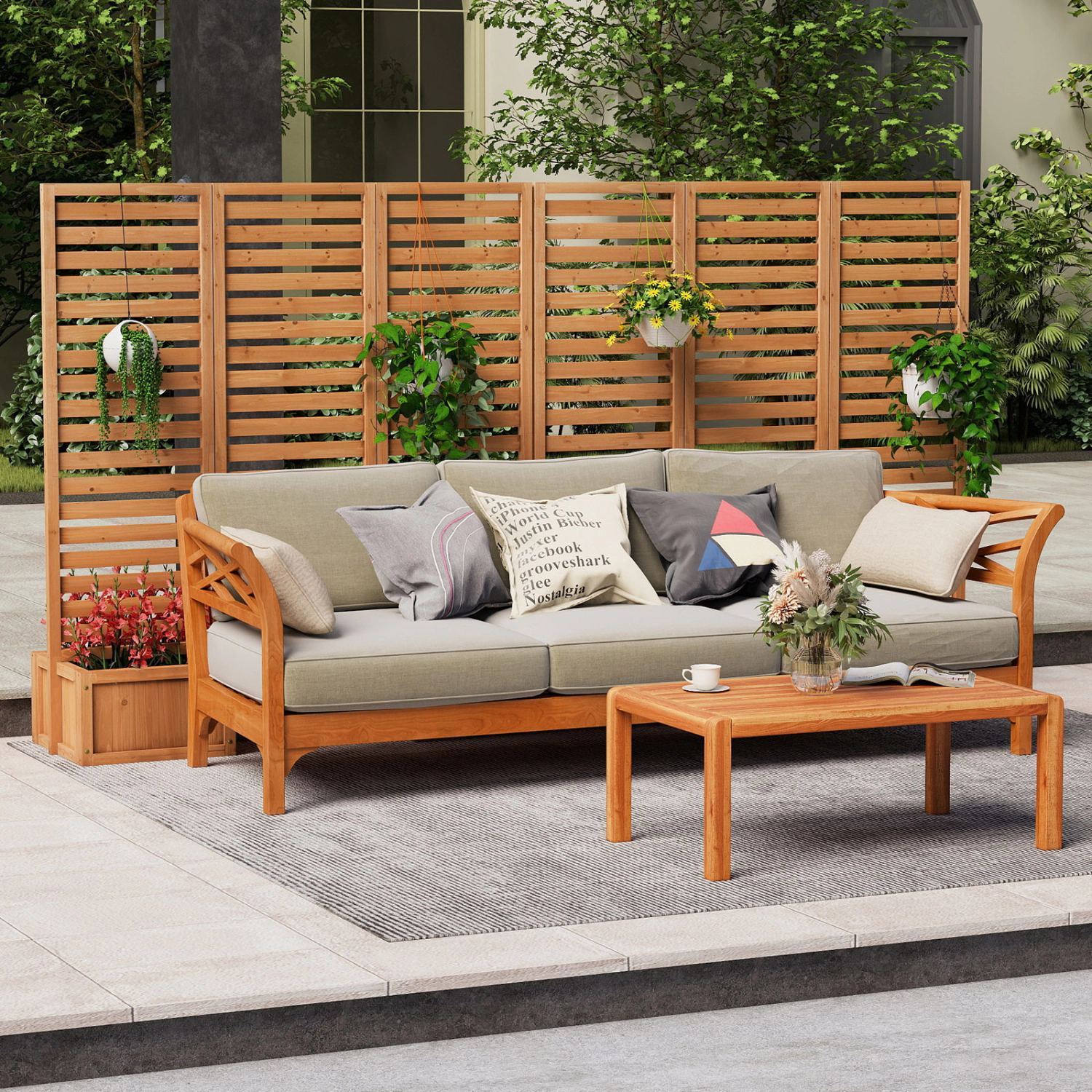 LJG 3-Panel Solid Wood Frame Freestanding Garden Fence with 2 Self-Draining Planter Boxes