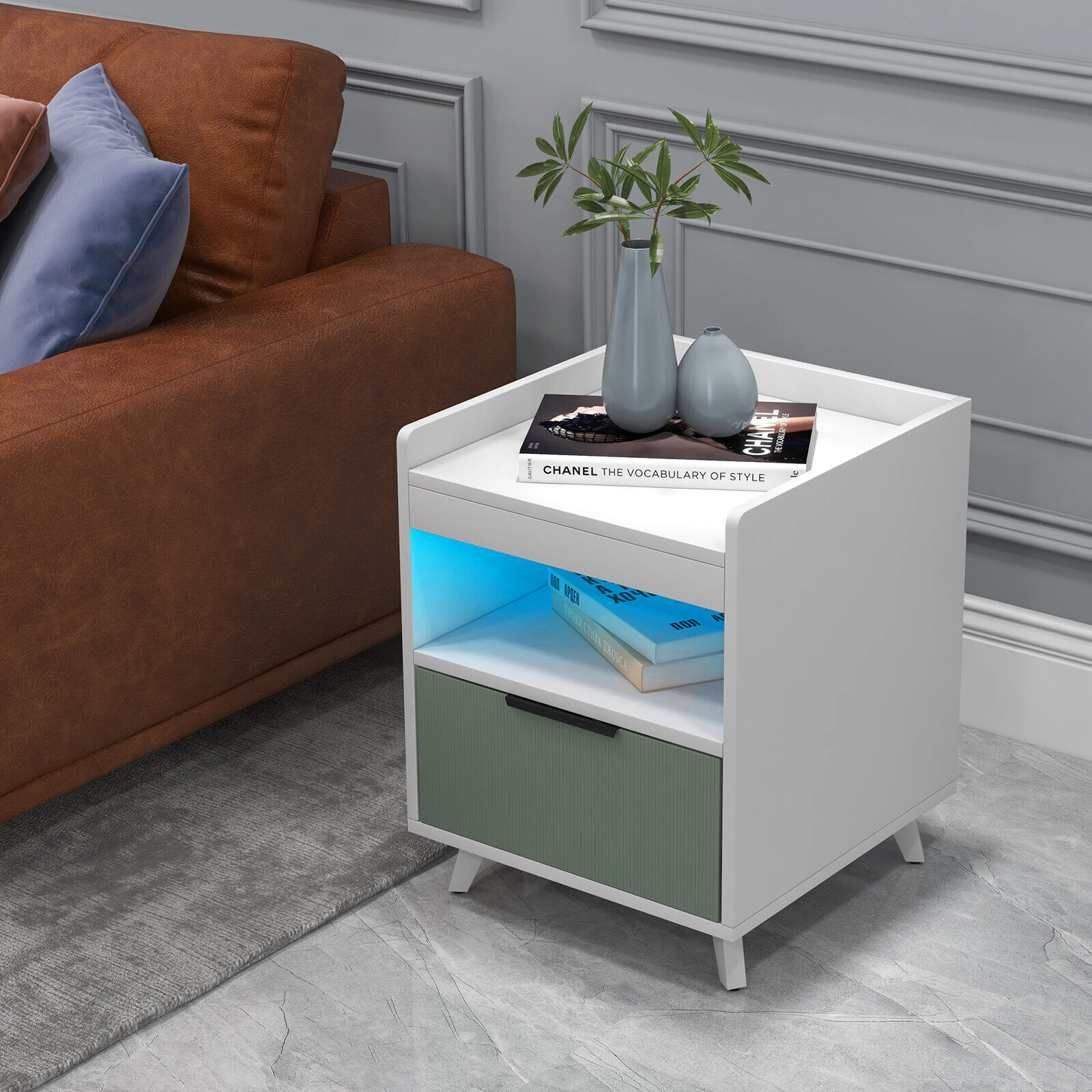 Glintex LED Nightstand with Silent Drawer Slides and 50-Ft Remote Range, White