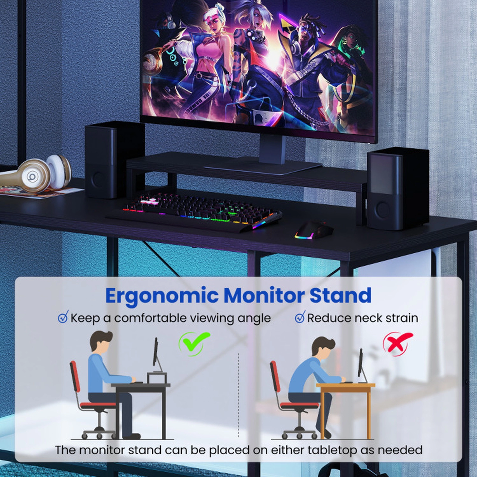 SUGIFT LED Light Strip 4 Outlets Hutch L-Shaped Gaming Computer Desk 57-in x 57-in x 58-in 310-lb Capacity Black