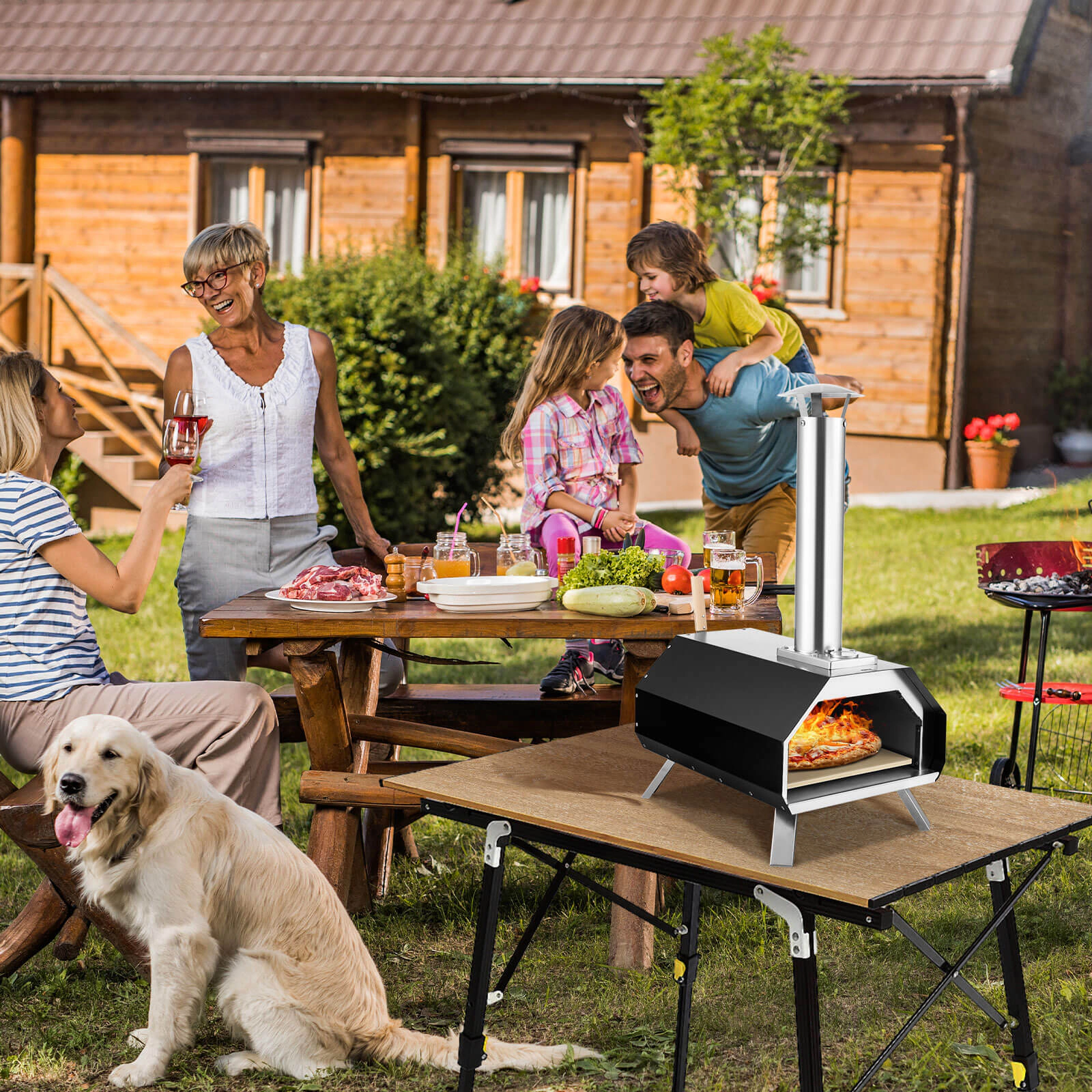 SUGIFT Black Outdoor Pizza Oven with 3-Layer Insulation 12-in Pizza Stone Thermometer and Foldable Legs