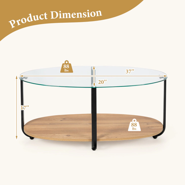 Hivvago Glass Oval Coffee Table with Wooden Storage Shelf