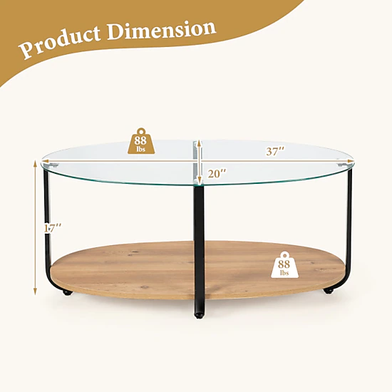 Hivvago Glass Oval Coffee Table with Wooden Storage Shelf