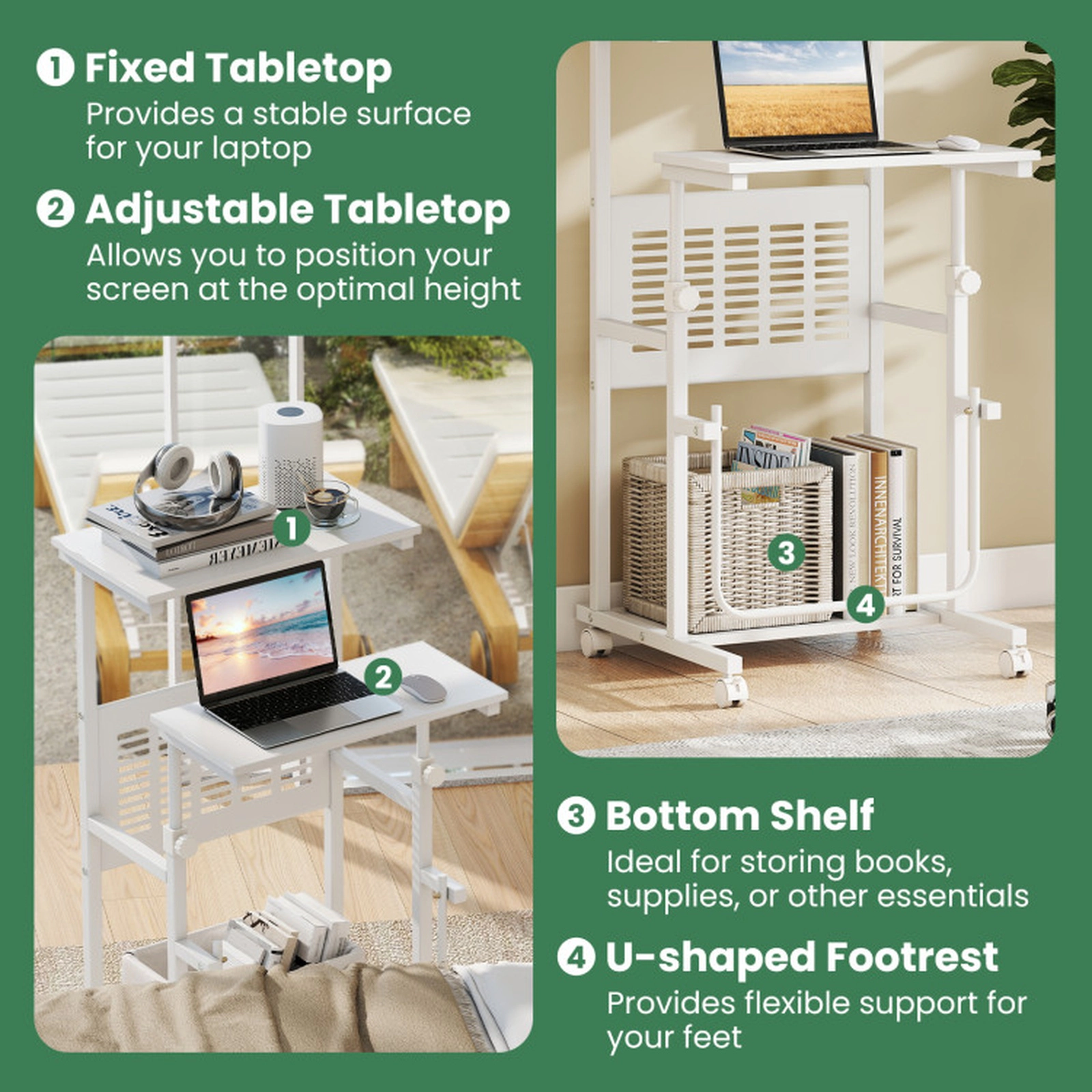 SUGIFT Height Adjustable 4 Wheels Bottom Shelf Mobile Stand Up Computer Desk 22-in x 21-in x 27-in to 38.5-in White