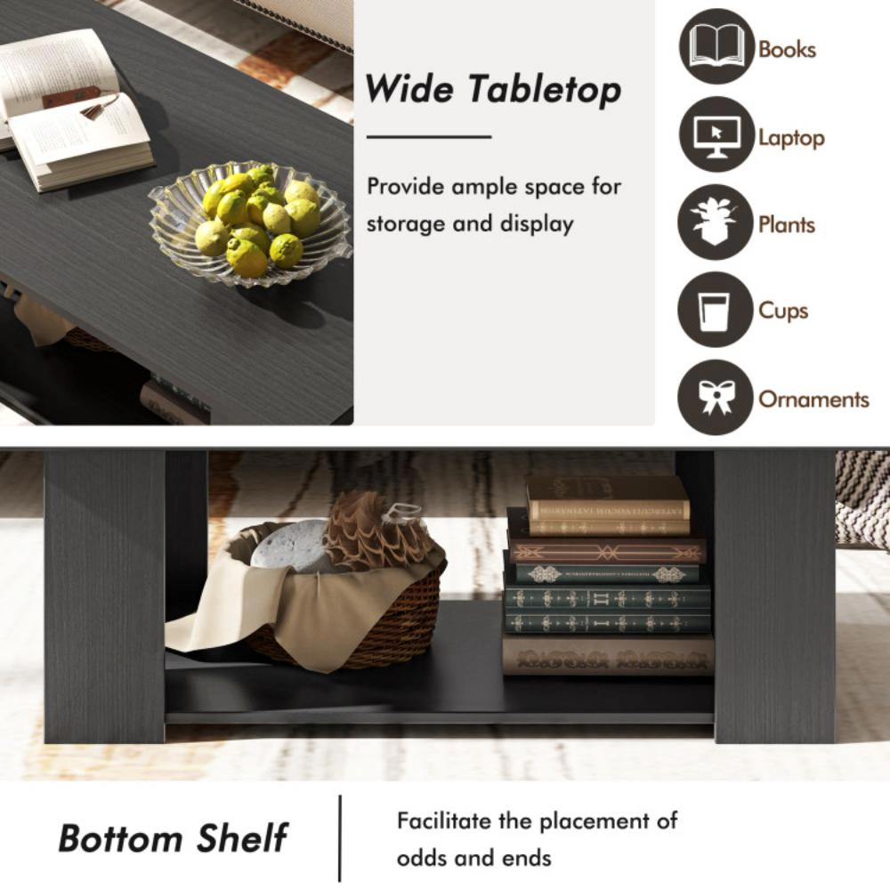 Hivvago Large Rectangular Coffee Table with Two-Tier Wooden Design and Storage Space