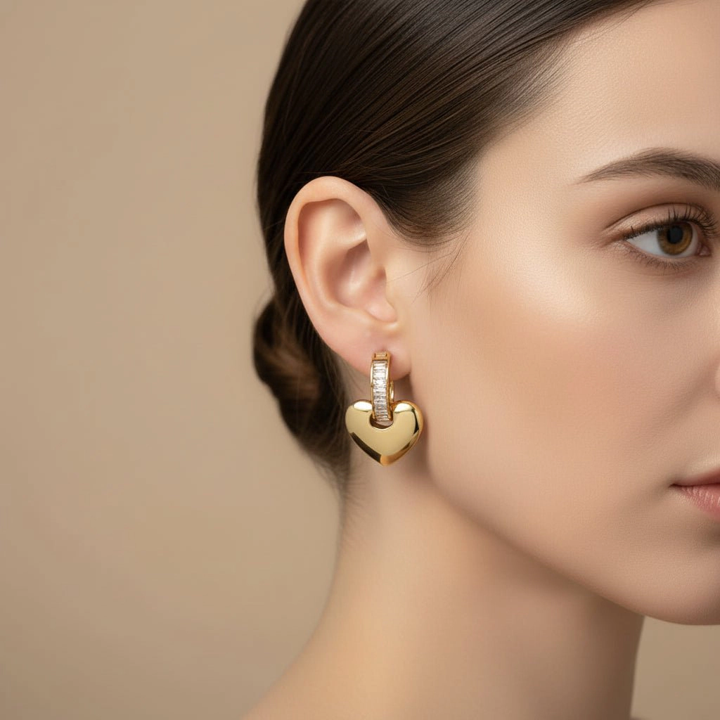 DressAtR Women's Heart Zircon Gold Tone Drop Earrings