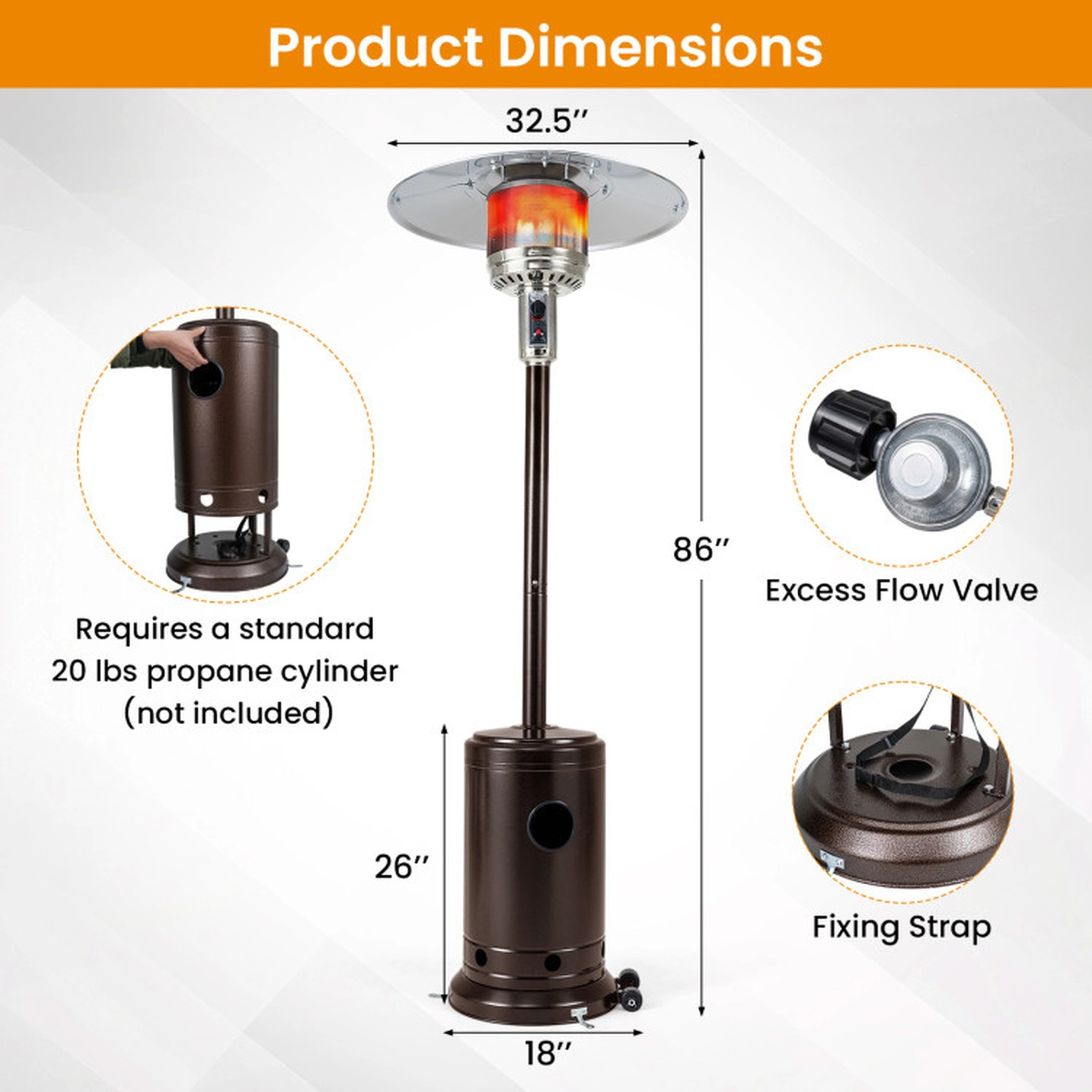 SUGIFT Bronze Propane Patio Heater with Stainless Steel Burner and Reflector 50000-BTU 32.5-in W 86-in H