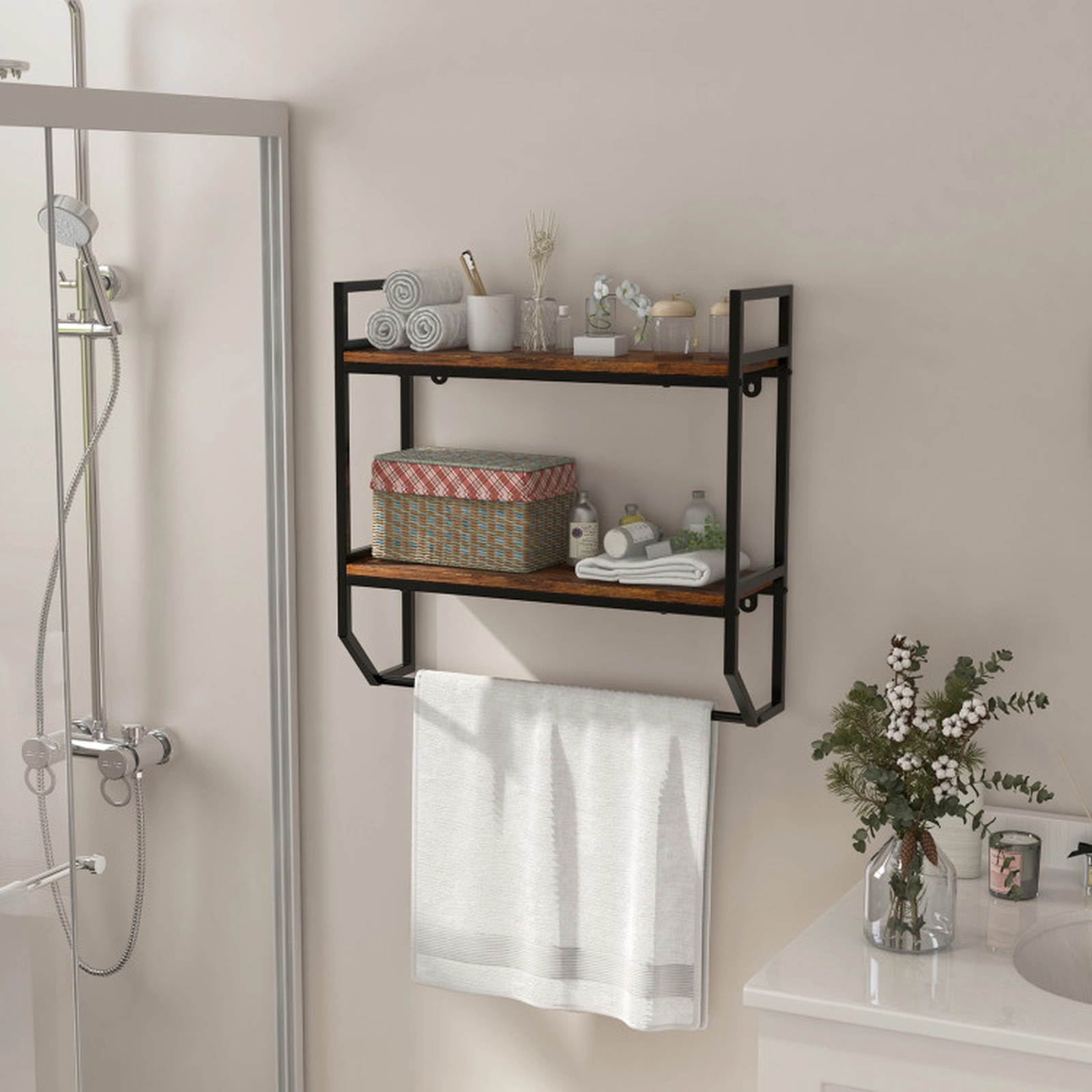 SUGIFT 23-in 2-Shelf Wall Mounted Over the Toilet Storage Shelf with Round Metal Towel Bar and Rustproof Frame