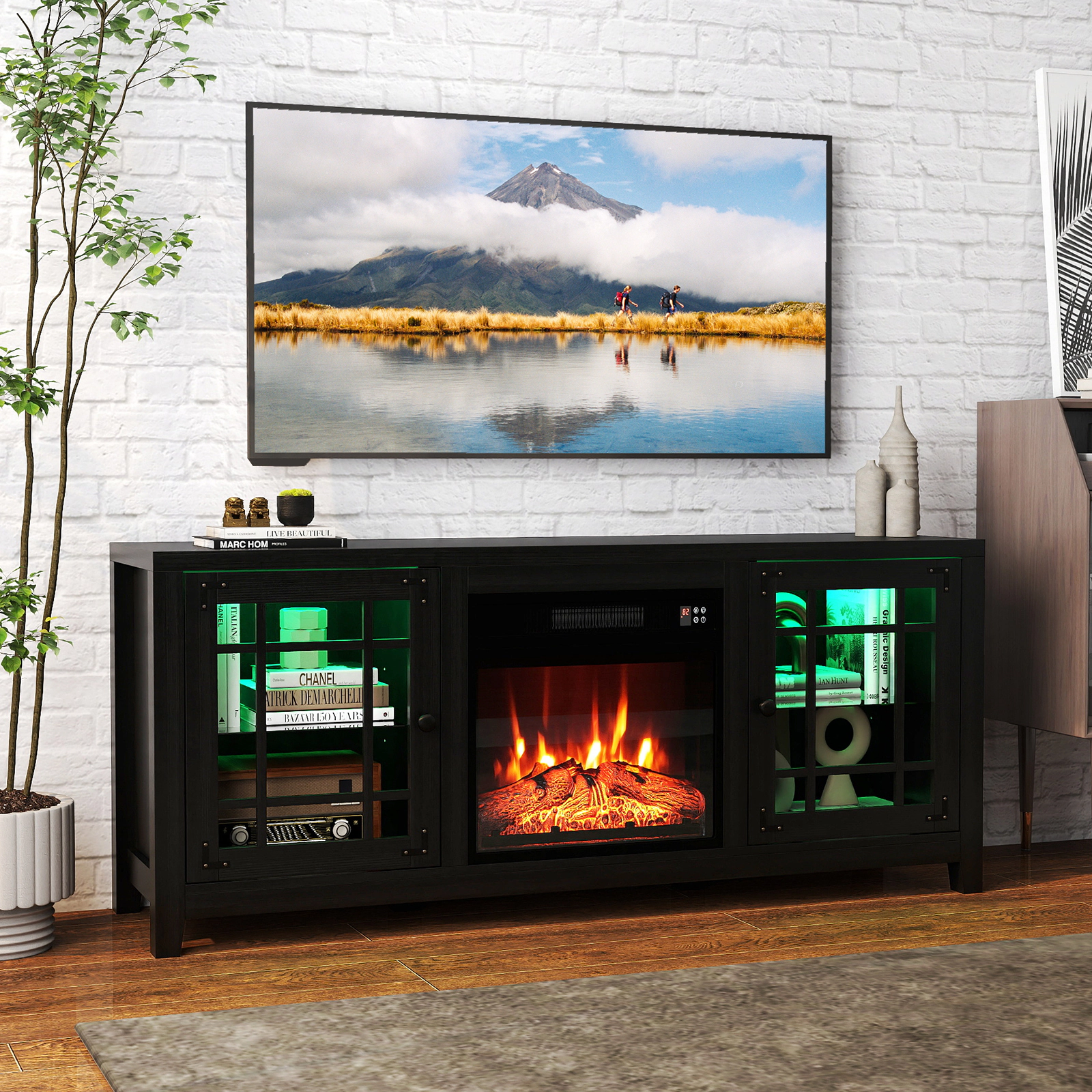 LJG 58" Fireplace TV Stand with LED Lights and 18" Electric