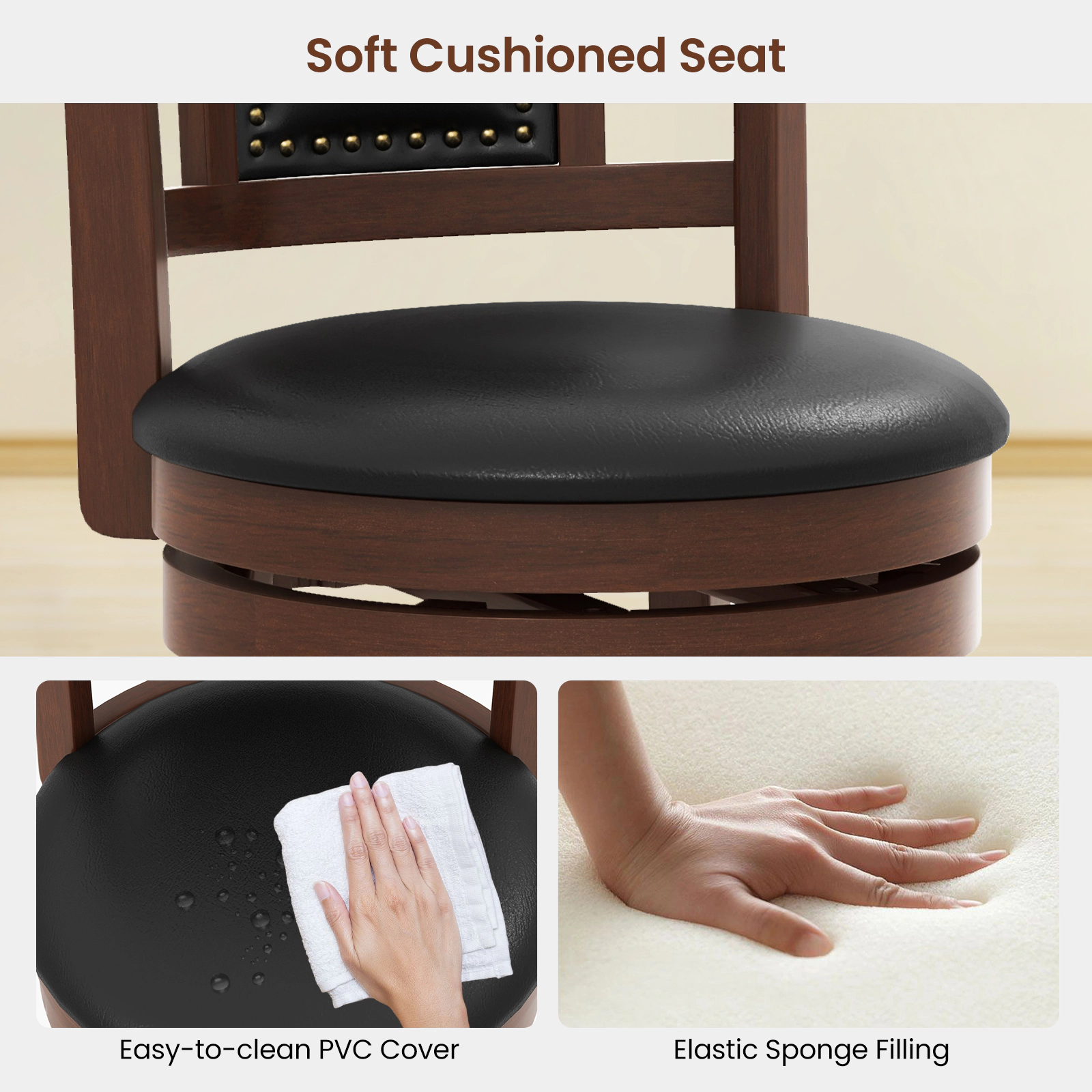 SUGIFT Swivel Upholstered Bar Stools Set of 2 with Curved Backrest and Footrest 250-lb Capacity Espresso & Black