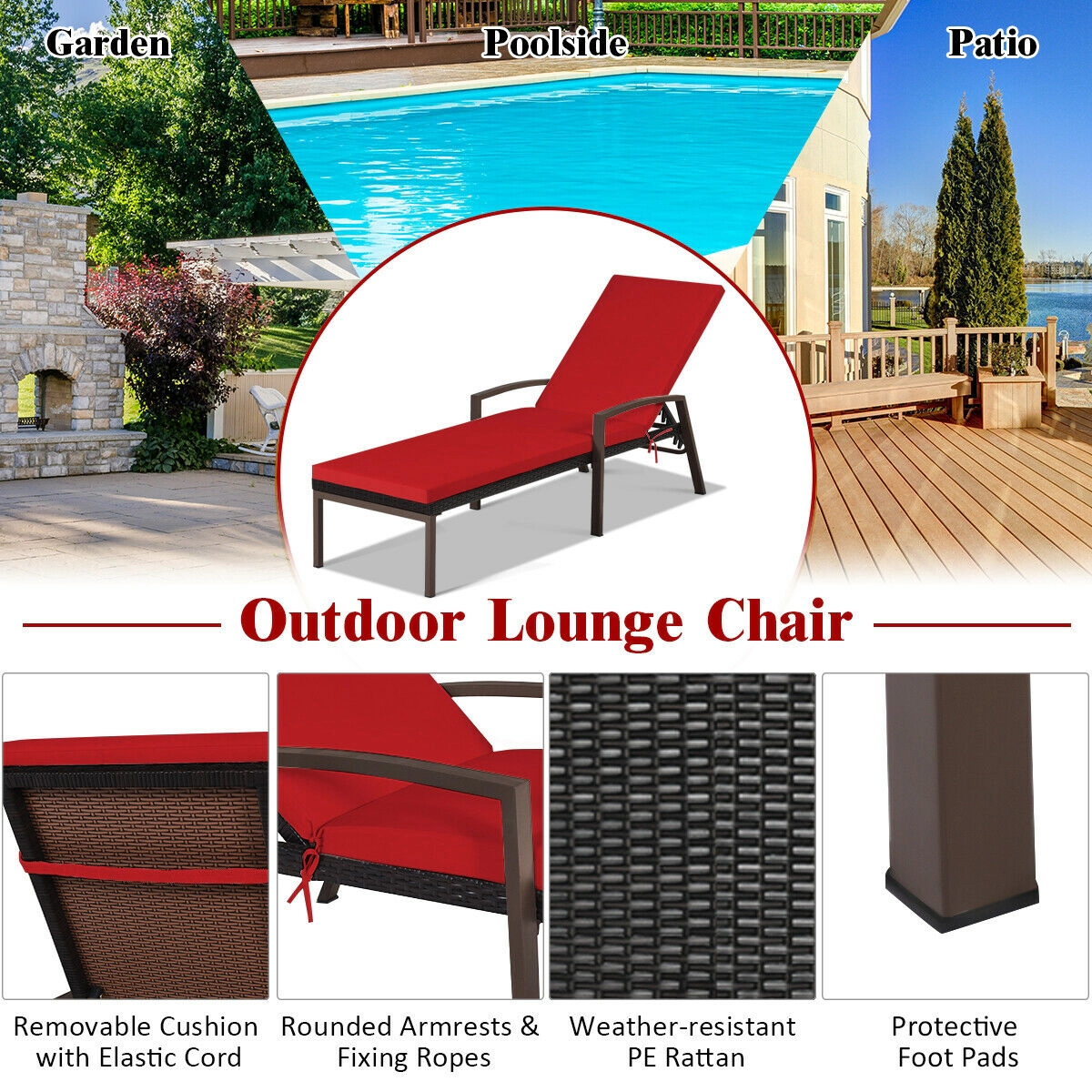 SUGIFT Adjustable Backrest Patio Rattan Lounge Chaise Recliner 400-lb Capacity with Cushion Red/White/Turquoise