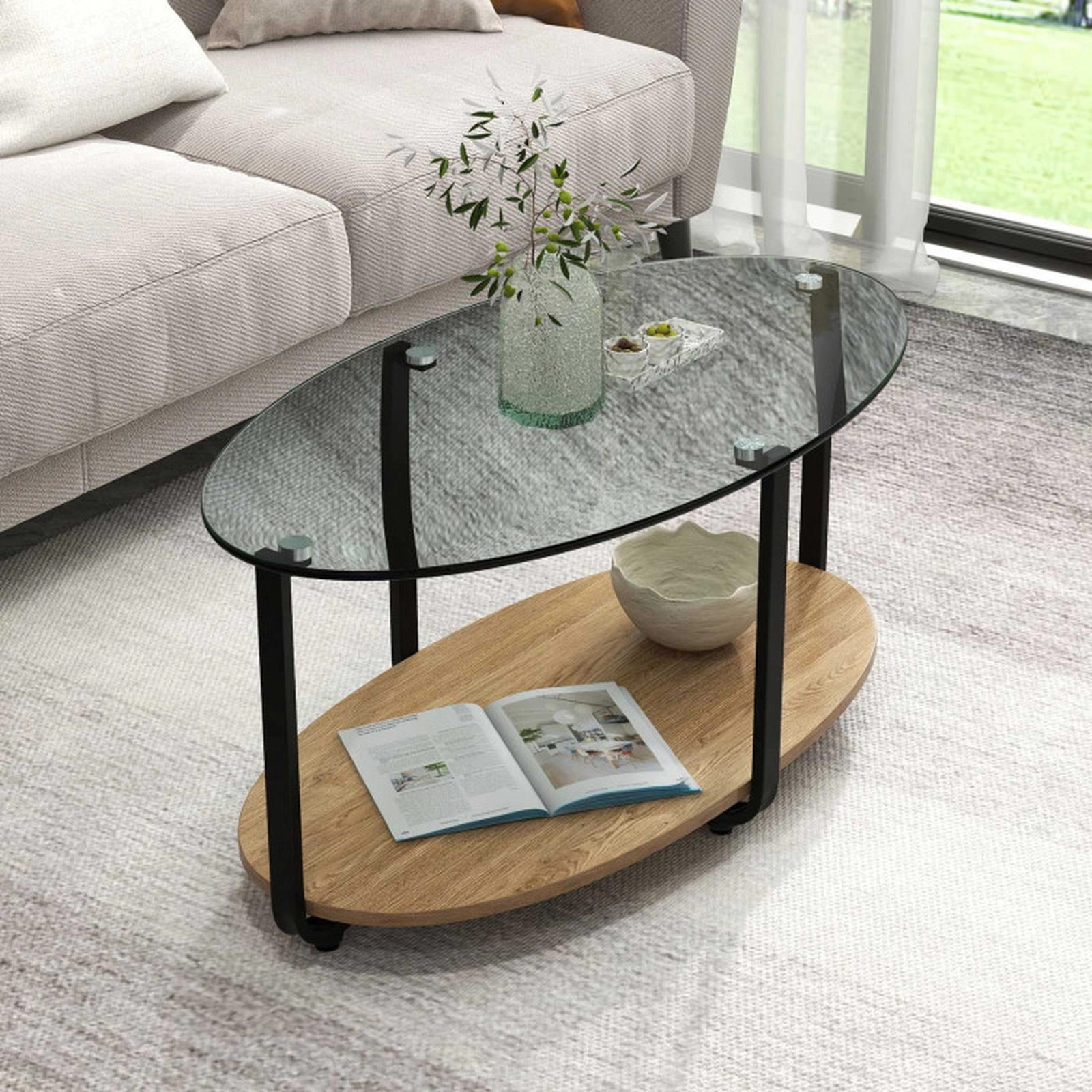 SUGIFT 2-Tier Glass-Top Oval Coffee Table with Wooden Shelf 88-Lb Per Layer Capacity Brown